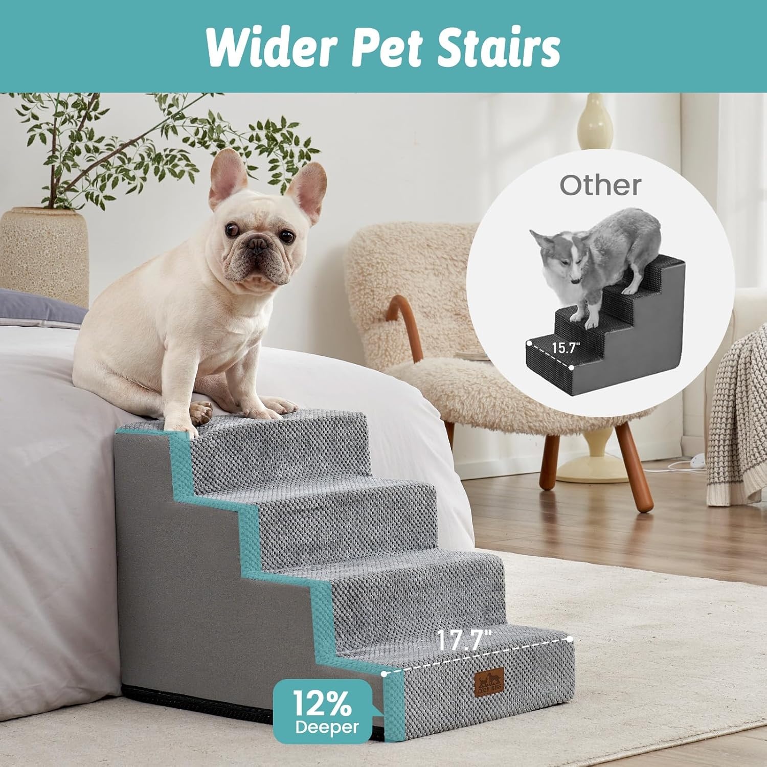 image:imageCOZY KISS Dog Stairs for Small Dogs 4 Tier Wider Pet Stairs for Couch and Beds 177 H NonSlip Dog Steps for Old Cats Puppy Small Medium Dogs 177x236x177 inch BeigeGrey