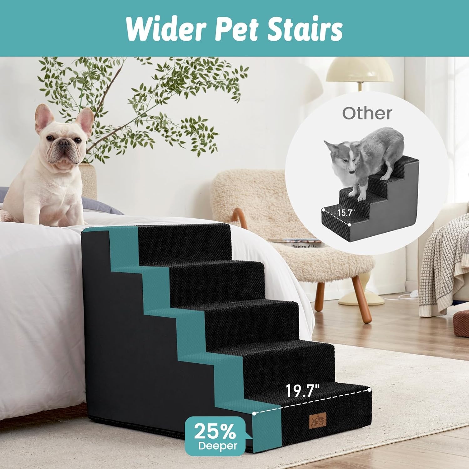 image:imageCOZY KISS Dog Stairs for Small Dogs 4 Tier Wider Pet Stairs for Couch and Beds 177 H NonSlip Dog Steps for Old Cats Puppy Small Medium Dogs 177x236x177 inch BeigeBlack