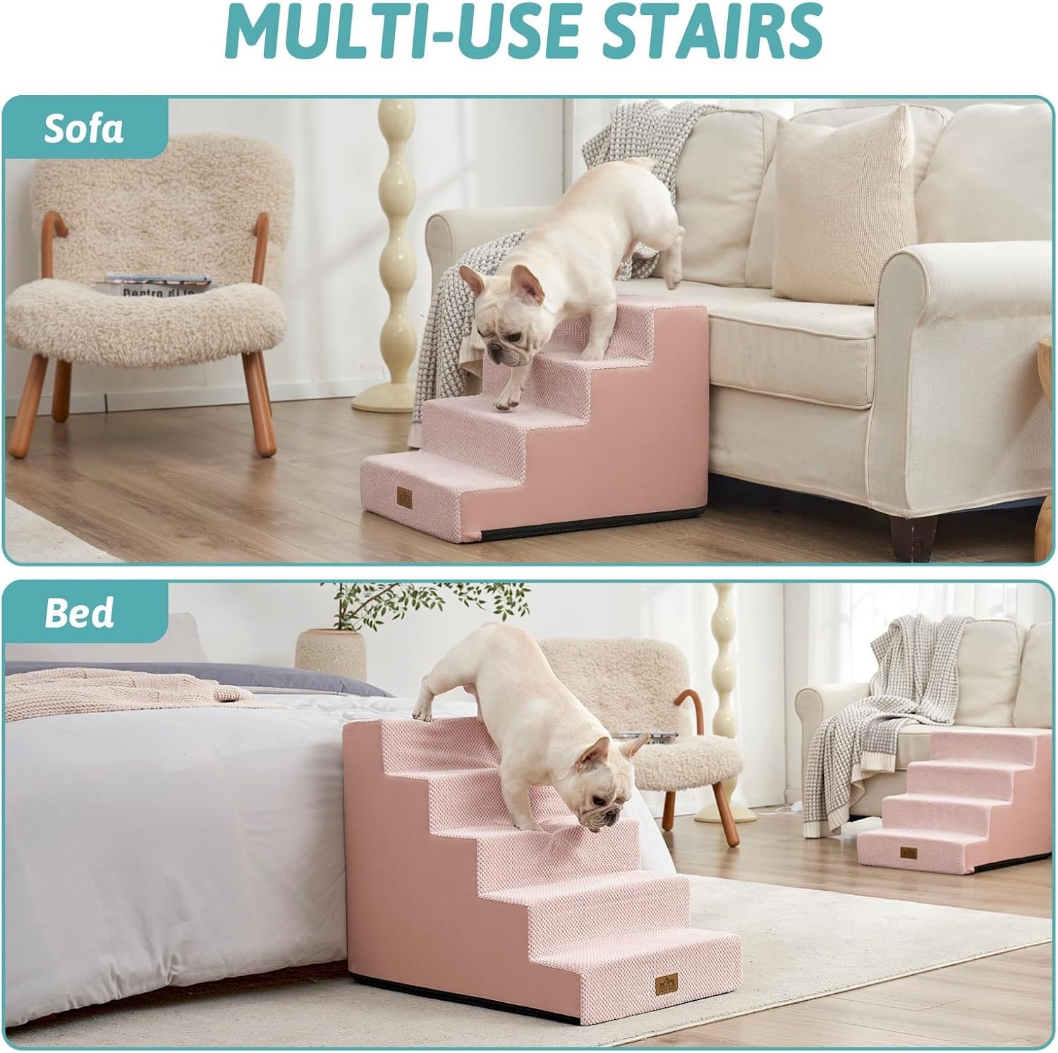 image:imageCOZY KISS Dog Stairs for Small Dogs 4 Tier Wider Pet Stairs for Couch and Beds 177 H NonSlip Dog Steps for Old Cats Puppy Small Medium Dogs 177x236x177 inch BeigePink