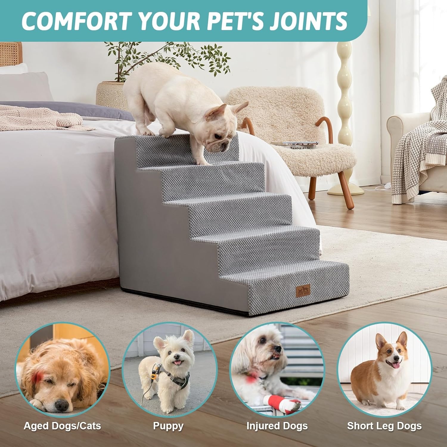 image:imageCOZY KISS Dog Stairs for Small Dogs 4 Tier Wider Pet Stairs for Couch and Beds 177 H NonSlip Dog Steps for Old Cats Puppy Small Medium Dogs 177x236x177 inch BeigeGrey