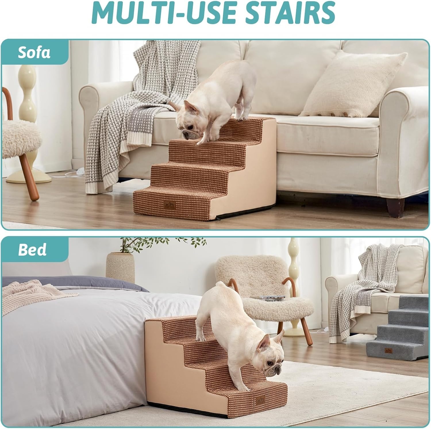 image:imageCOZY KISS Dog Stairs for Small Dogs 4 Tier Wider Pet Stairs for Couch and Beds 177 H NonSlip Dog Steps for Old Cats Puppy Small Medium Dogs 177x236x177 inch BeigeLight Brown