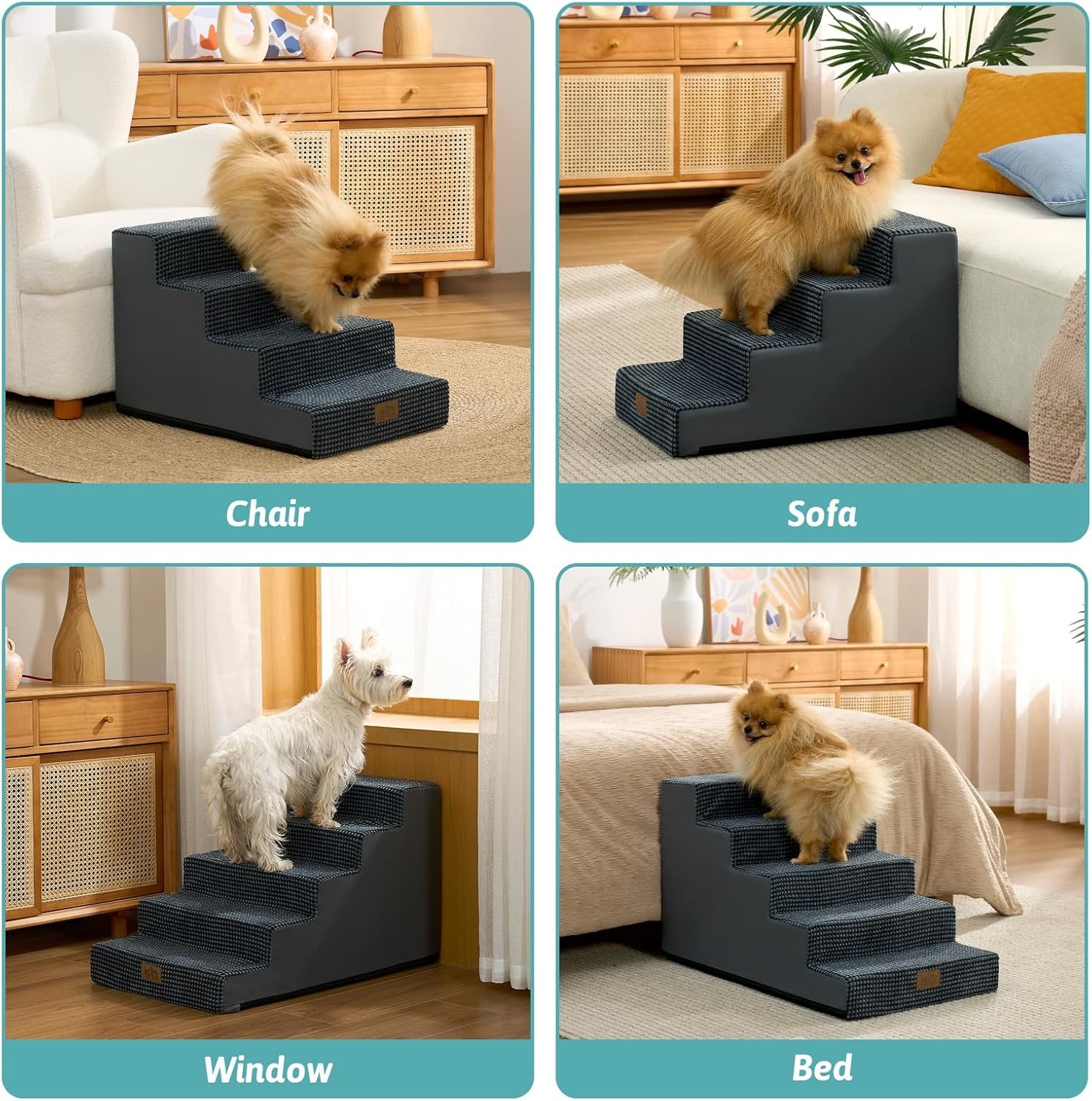 image:imageCOZY KISS Dog Stairs for Small Dogs 4 Tier Wider Pet Stairs for Couch and Beds 177 H NonSlip Dog Steps for Old Cats Puppy Small Medium Dogs 177x236x177 inch BeigeSlopeCharcoal