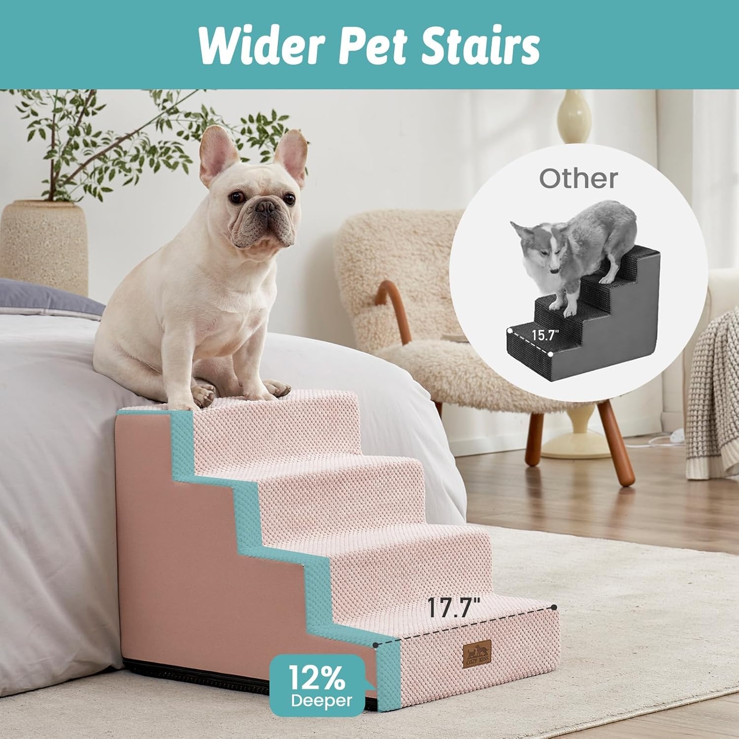 image:imageCOZY KISS Dog Stairs for Small Dogs 4 Tier Wider Pet Stairs for Couch and Beds 177 H NonSlip Dog Steps for Old Cats Puppy Small Medium Dogs 177x236x177 inch BeigePink