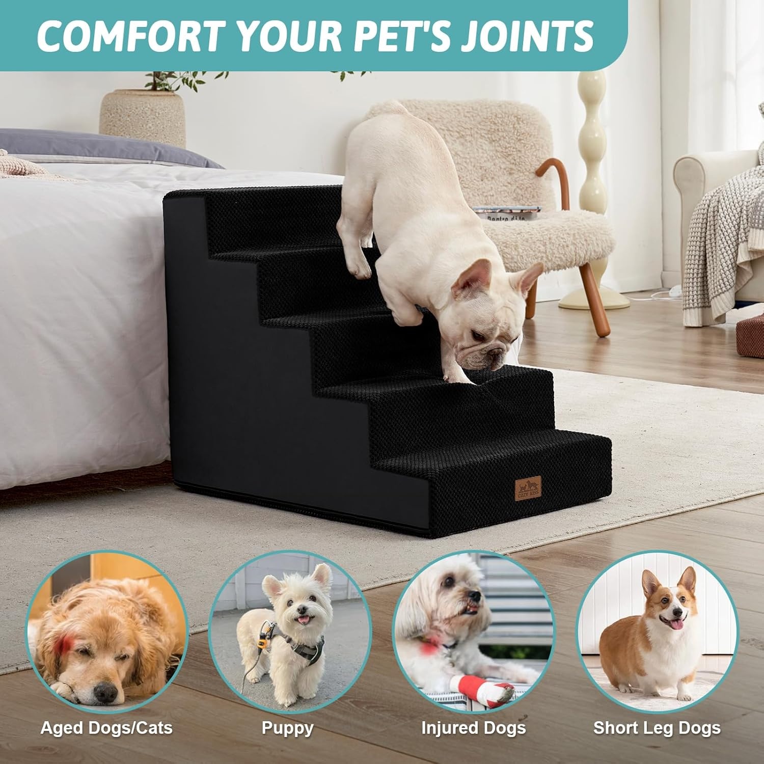 image:imageCOZY KISS Dog Stairs for Small Dogs 4 Tier Wider Pet Stairs for Couch and Beds 177 H NonSlip Dog Steps for Old Cats Puppy Small Medium Dogs 177x236x177 inch BeigeBlack