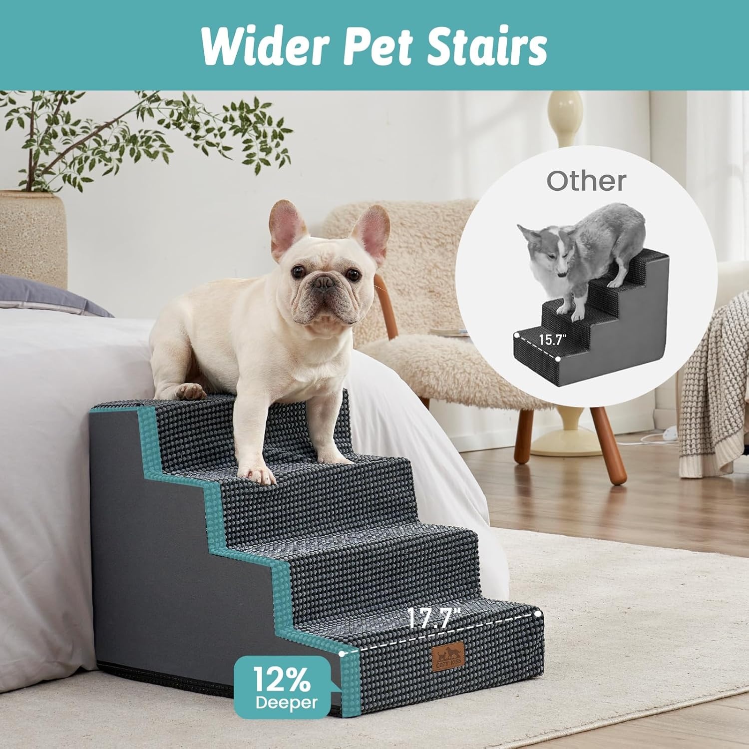 image:imageCOZY KISS Dog Stairs for Small Dogs 4 Tier Wider Pet Stairs for Couch and Beds 177 H NonSlip Dog Steps for Old Cats Puppy Small Medium Dogs 177x236x177 inch BeigeDark Grey
