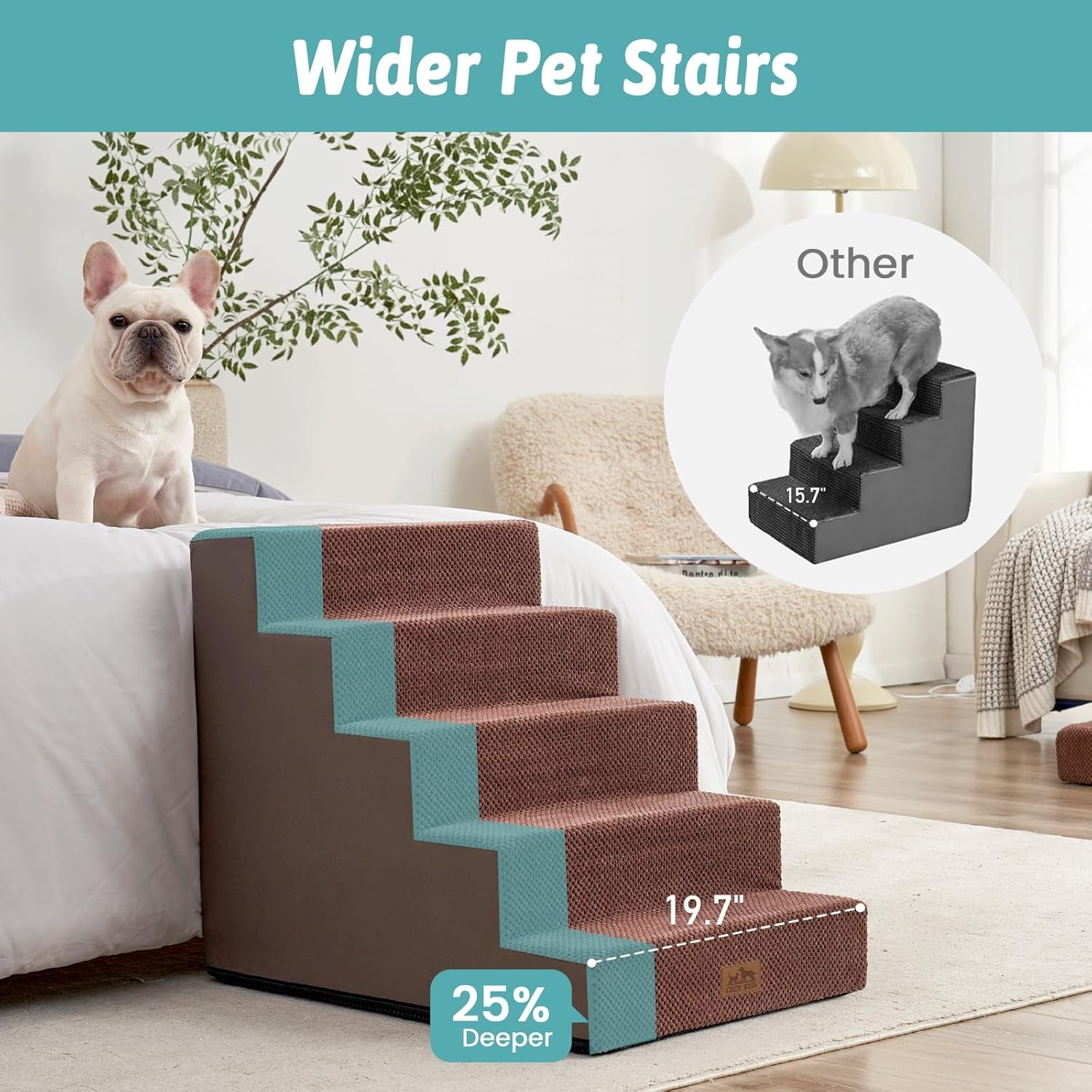 image:imageCOZY KISS Dog Stairs for Small Dogs 4 Tier Wider Pet Stairs for Couch and Beds 177 H NonSlip Dog Steps for Old Cats Puppy Small Medium Dogs 177x236x177 inch BeigeBrown