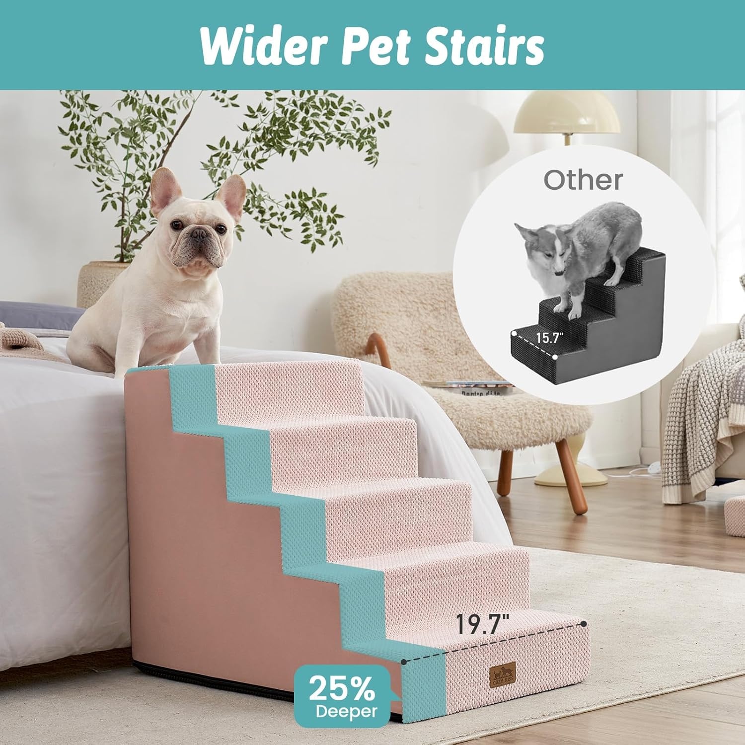 image:imageCOZY KISS Dog Stairs for Small Dogs 4 Tier Wider Pet Stairs for Couch and Beds 177 H NonSlip Dog Steps for Old Cats Puppy Small Medium Dogs 177x236x177 inch BeigePink