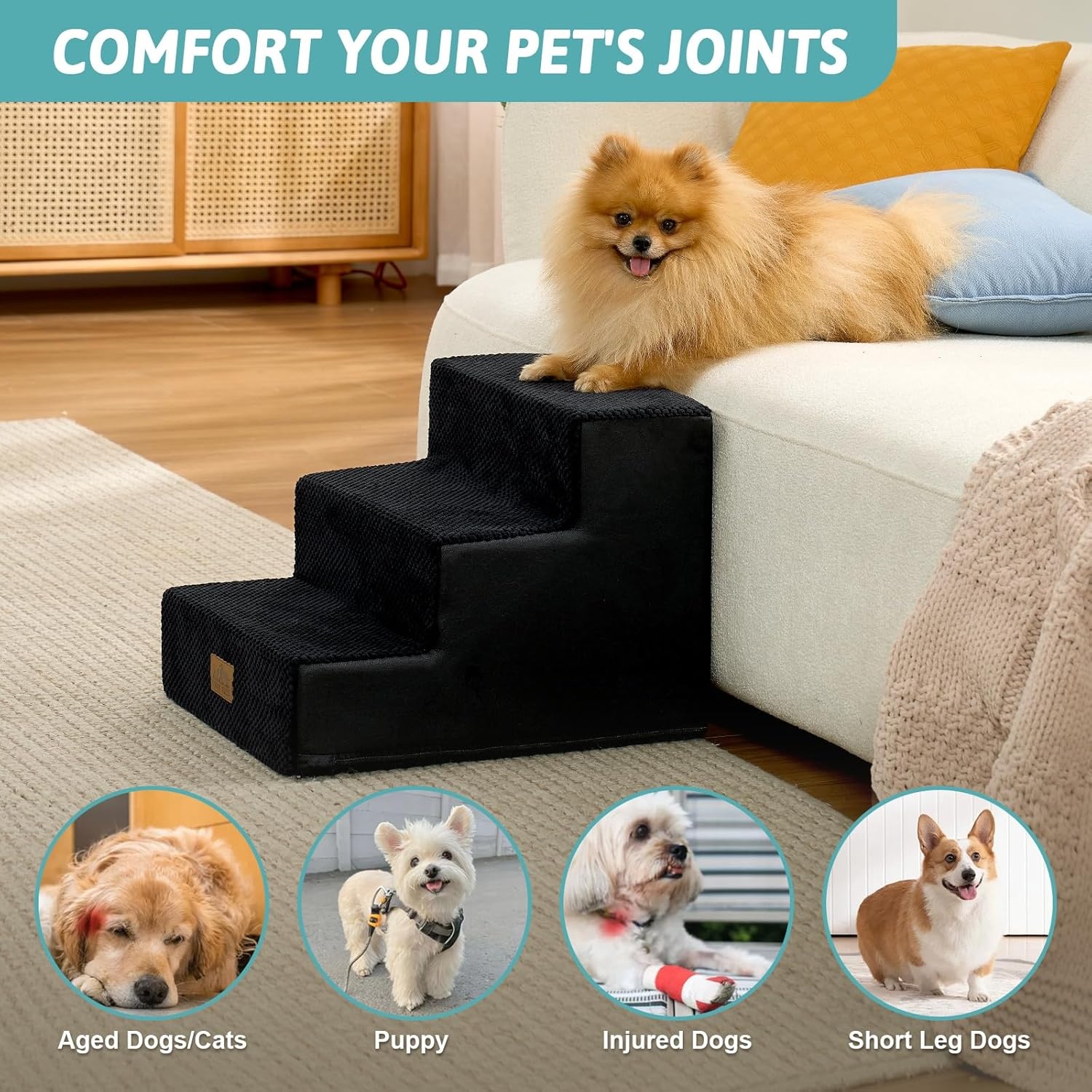 image:imageCOZY KISS Dog Stairs for Small Dogs 4 Tier Wider Pet Stairs for Couch and Beds 177 H NonSlip Dog Steps for Old Cats Puppy Small Medium Dogs 177x236x177 inch BeigeBlack
