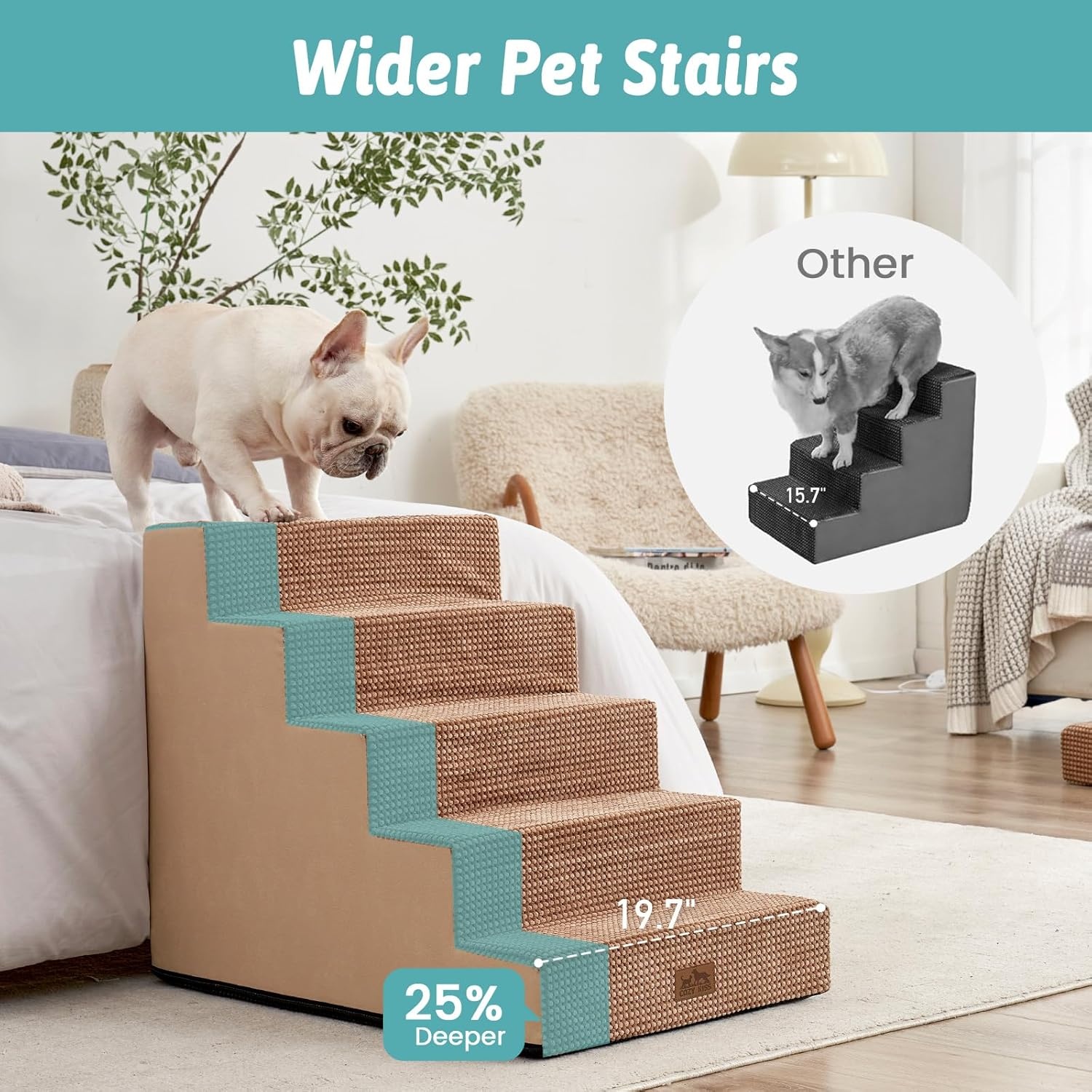 image:imageCOZY KISS Dog Stairs for Small Dogs 4 Tier Wider Pet Stairs for Couch and Beds 177 H NonSlip Dog Steps for Old Cats Puppy Small Medium Dogs 177x236x177 inch BeigeLight Brown