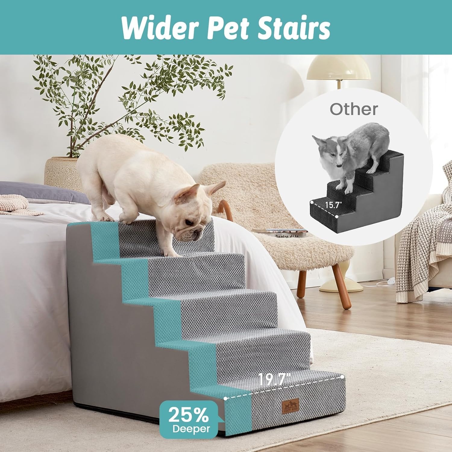 image:imageCOZY KISS Dog Stairs for Small Dogs 4 Tier Wider Pet Stairs for Couch and Beds 177 H NonSlip Dog Steps for Old Cats Puppy Small Medium Dogs 177x236x177 inch BeigeGrey