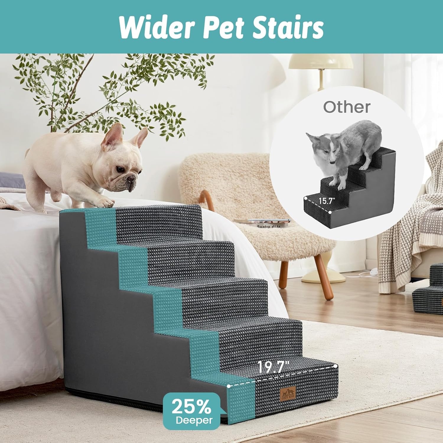 image:imageCOZY KISS Dog Stairs for Small Dogs 4 Tier Wider Pet Stairs for Couch and Beds 177 H NonSlip Dog Steps for Old Cats Puppy Small Medium Dogs 177x236x177 inch BeigeDark Grey