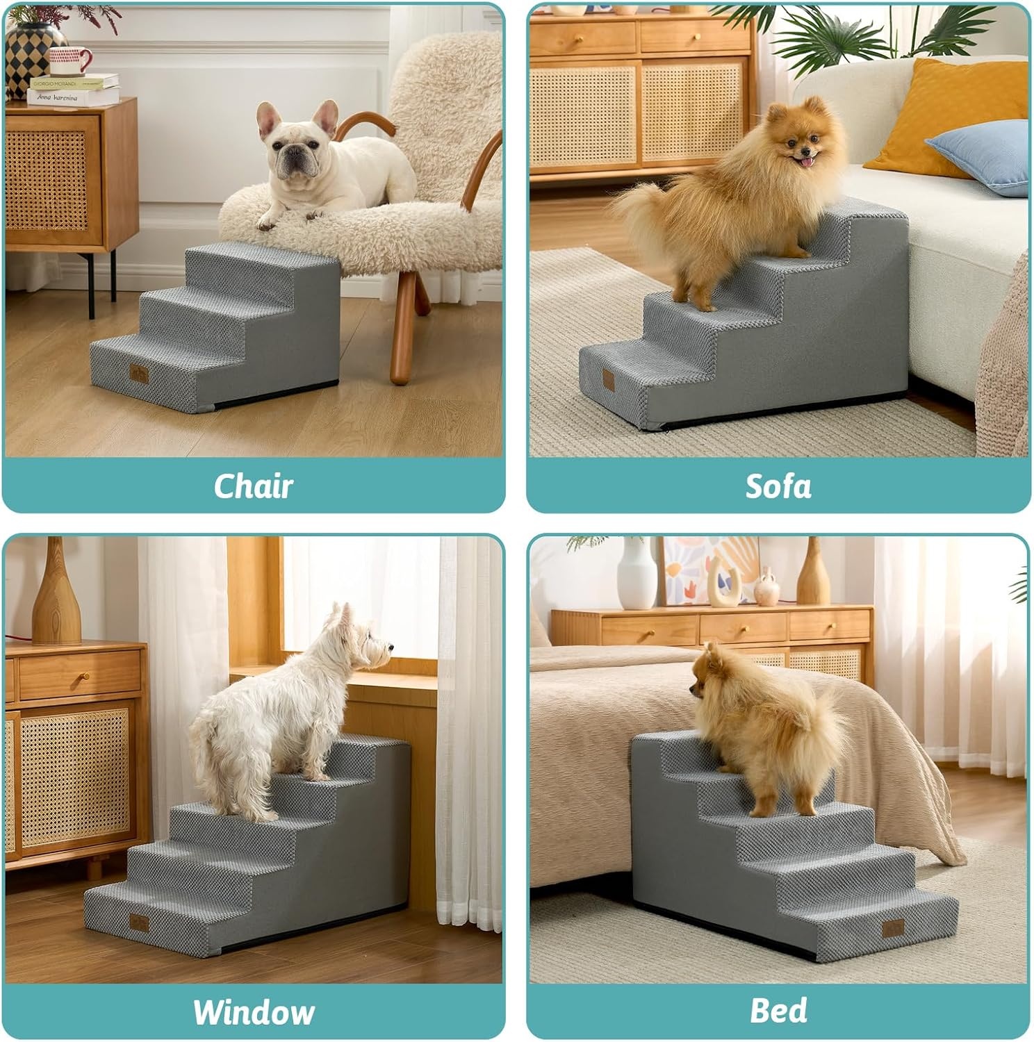 image:imageCOZY KISS Dog Stairs for Small Dogs 4 Tier Wider Pet Stairs for Couch and Beds 177 H NonSlip Dog Steps for Old Cats Puppy Small Medium Dogs 177x236x177 inch BeigeSlopeGrey