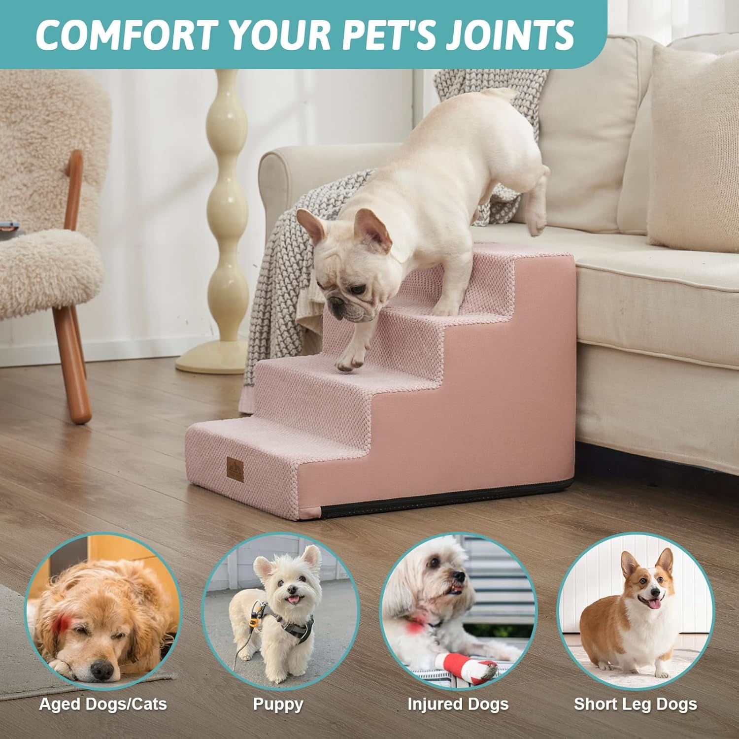 image:imageCOZY KISS Dog Stairs for Small Dogs 4 Tier Wider Pet Stairs for Couch and Beds 177 H NonSlip Dog Steps for Old Cats Puppy Small Medium Dogs 177x236x177 inch BeigePink