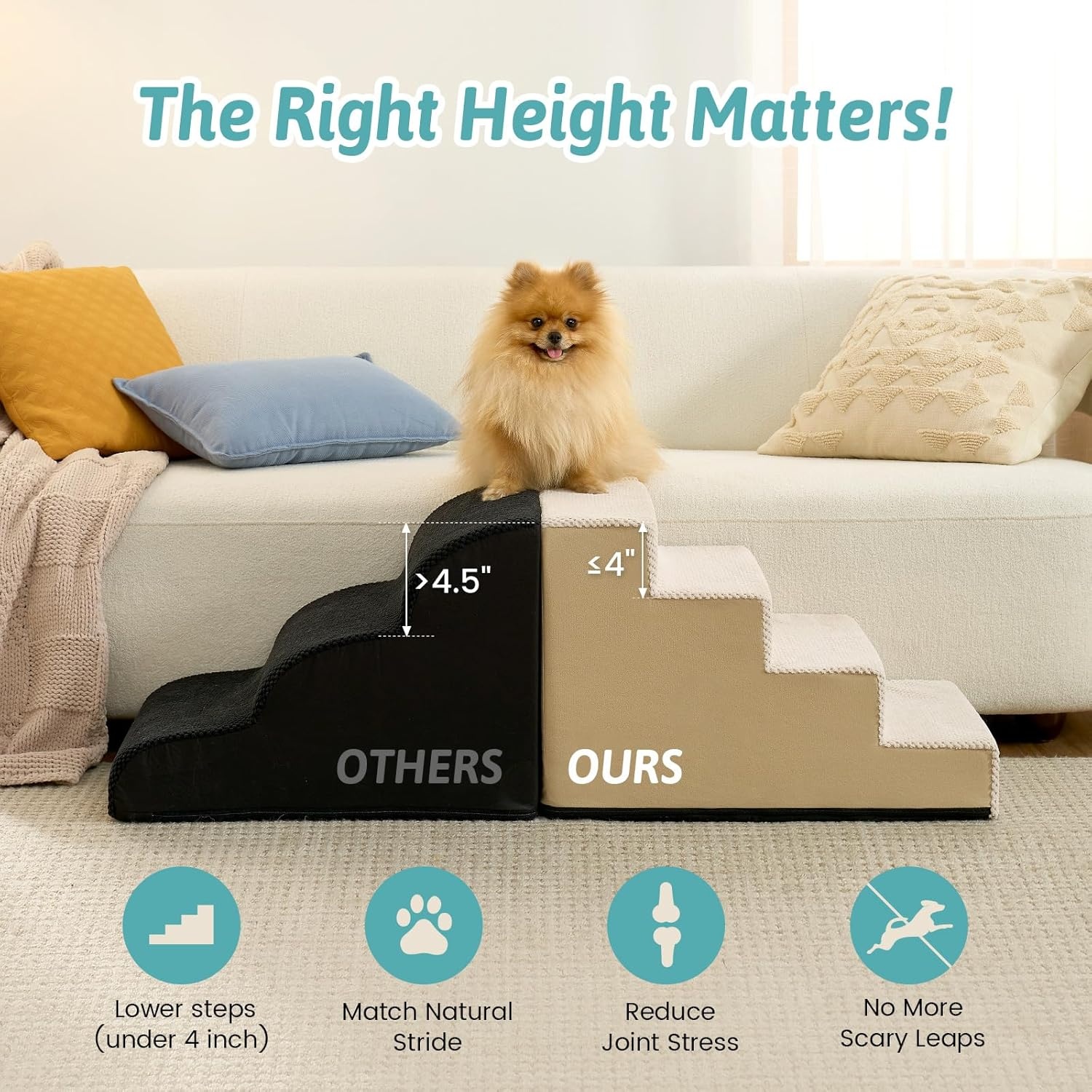 image:imageCOZY KISS Dog Stairs for Small Dogs 4 Tier Wider Pet Stairs for Couch and Beds 177 H NonSlip Dog Steps for Old Cats Puppy Small Medium Dogs 177x236x177 inch BeigeSlopeBeige