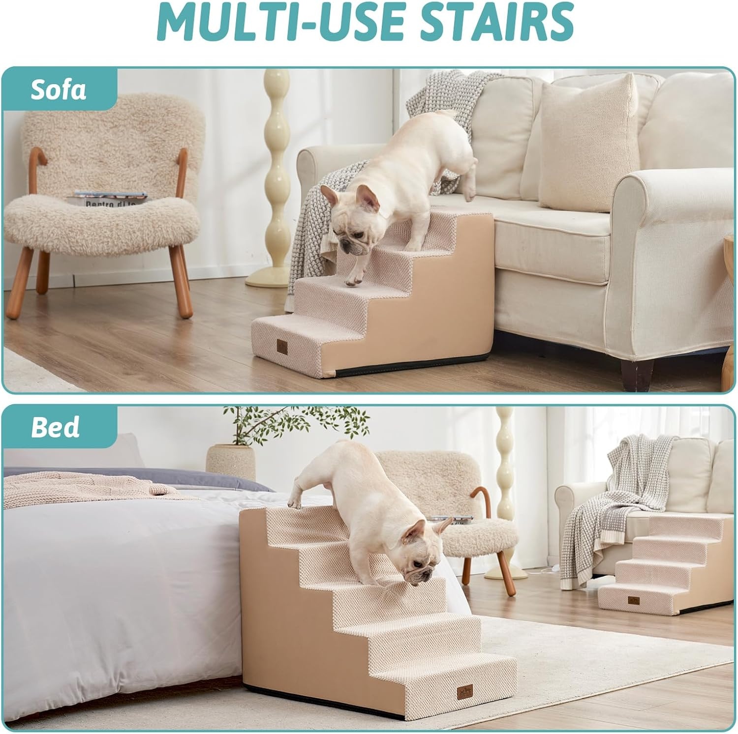 image:imageCOZY KISS Dog Stairs for Small Dogs 4 Tier Wider Pet Stairs for Couch and Beds 177 H NonSlip Dog Steps for Old Cats Puppy Small Medium Dogs 177x236x177 inch BeigeBeige