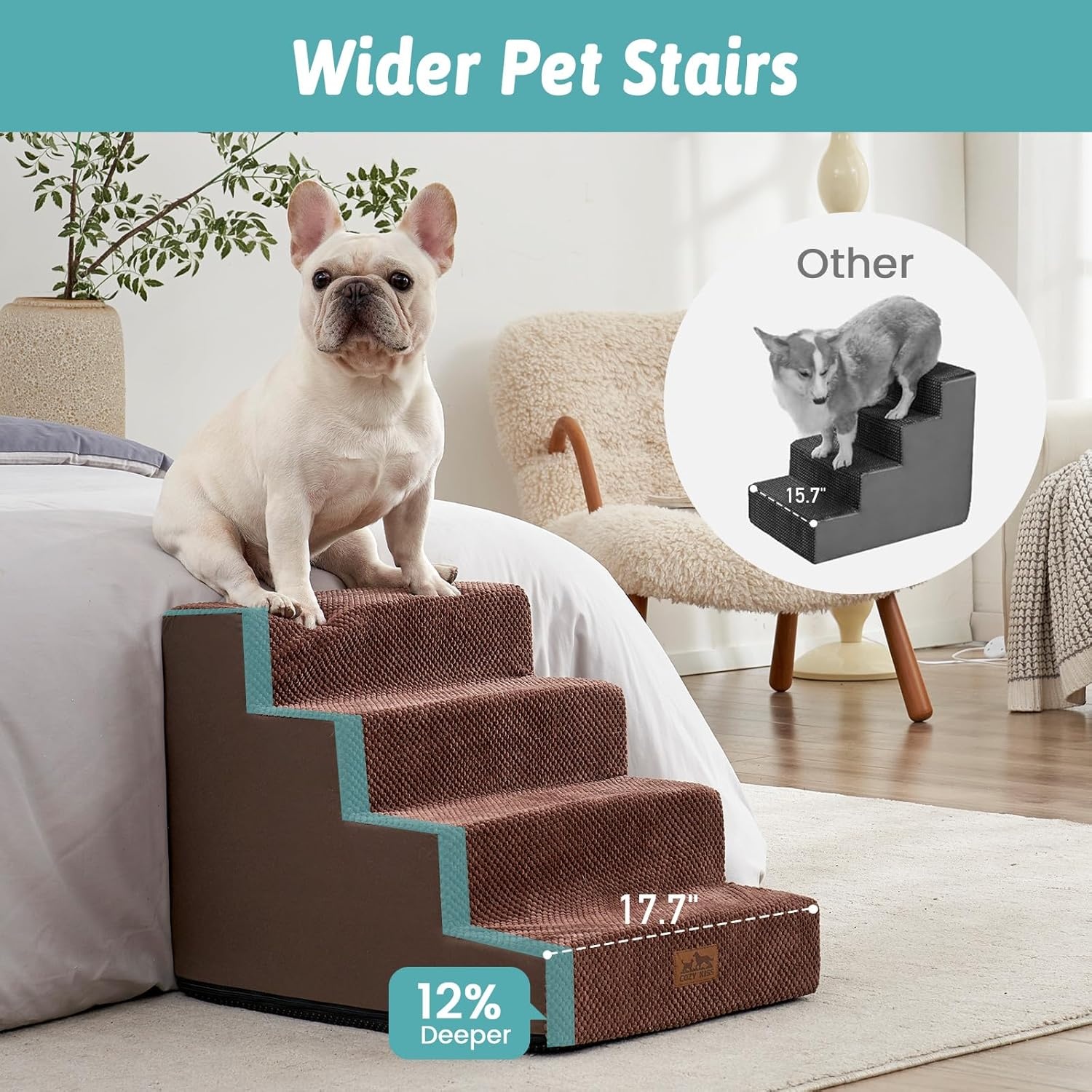 image:imageCOZY KISS Dog Stairs for Small Dogs 4 Tier Wider Pet Stairs for Couch and Beds 177 H NonSlip Dog Steps for Old Cats Puppy Small Medium Dogs 177x236x177 inch BeigeBrown
