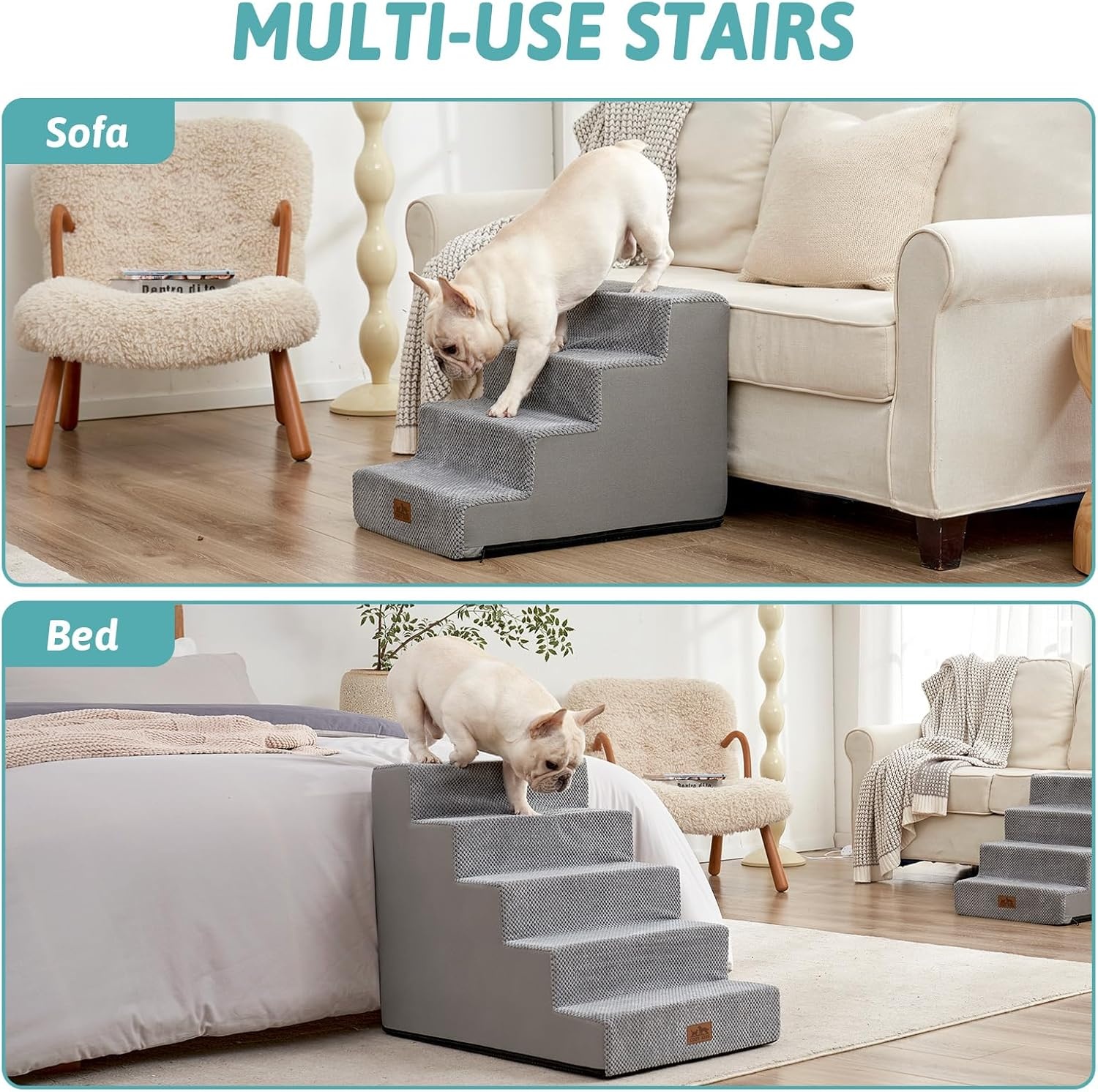 image:imageCOZY KISS Dog Stairs for Small Dogs 4 Tier Wider Pet Stairs for Couch and Beds 177 H NonSlip Dog Steps for Old Cats Puppy Small Medium Dogs 177x236x177 inch BeigeGrey