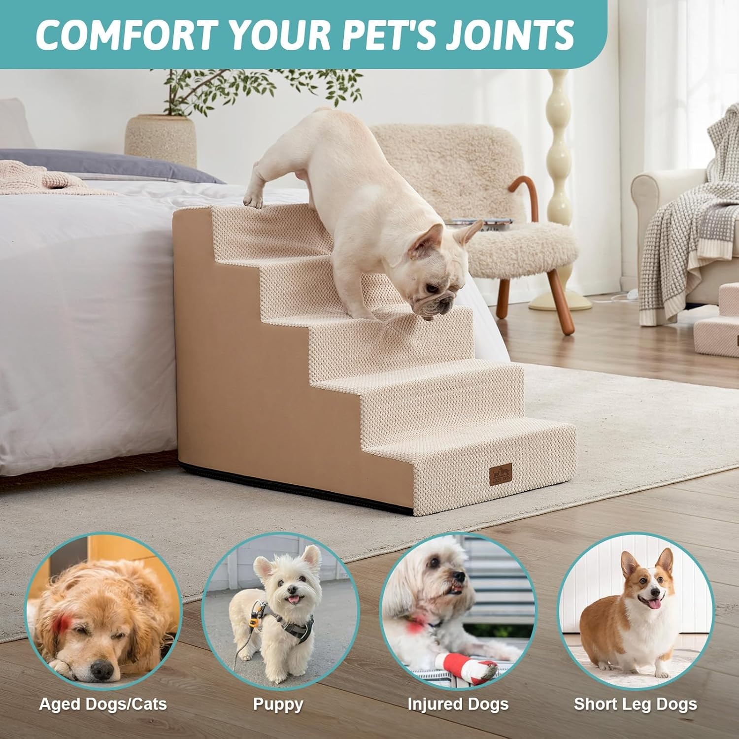 image:imageCOZY KISS Dog Stairs for Small Dogs 4 Tier Wider Pet Stairs for Couch and Beds 177 H NonSlip Dog Steps for Old Cats Puppy Small Medium Dogs 177x236x177 inch BeigeBeige