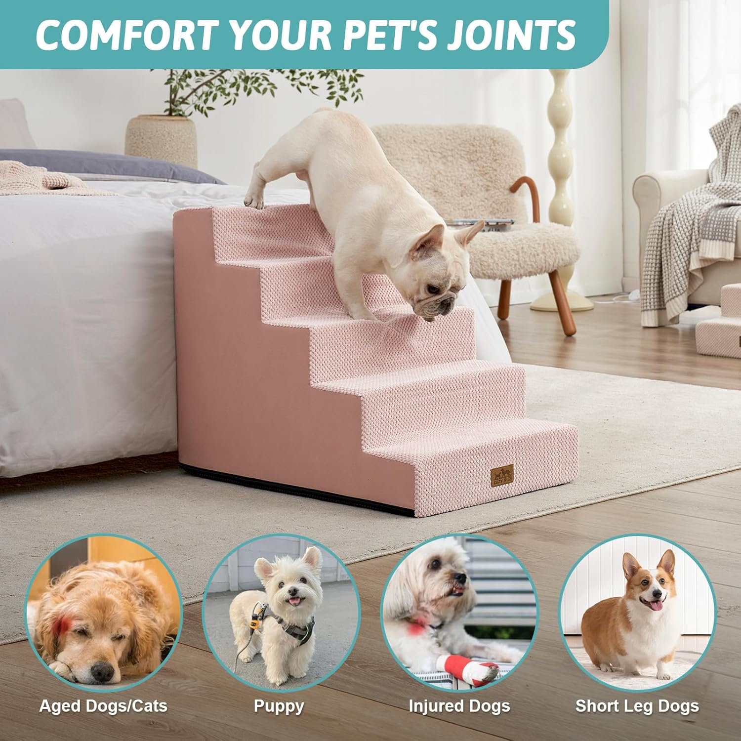 image:imageCOZY KISS Dog Stairs for Small Dogs 4 Tier Wider Pet Stairs for Couch and Beds 177 H NonSlip Dog Steps for Old Cats Puppy Small Medium Dogs 177x236x177 inch BeigePink