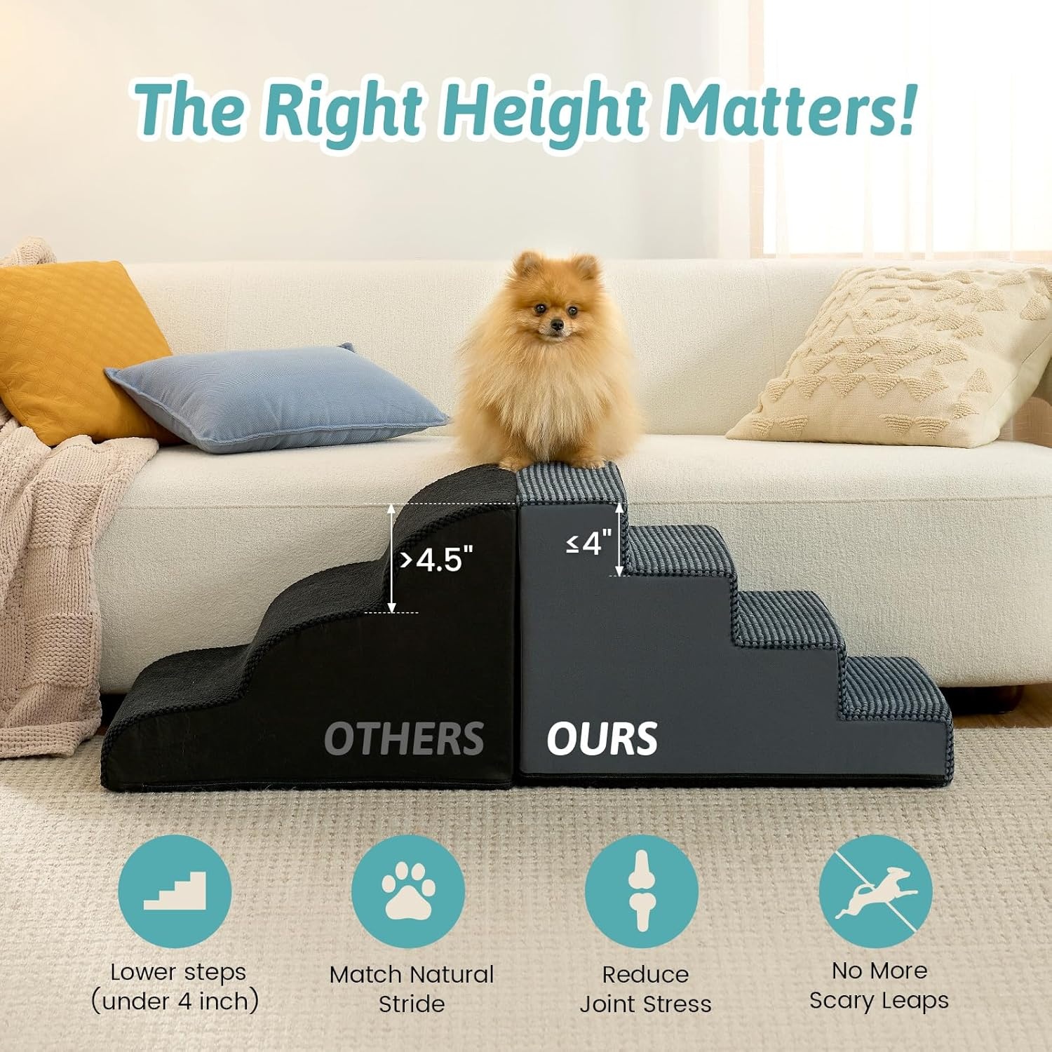 image:imageCOZY KISS Dog Stairs for Small Dogs 4 Tier Wider Pet Stairs for Couch and Beds 177 H NonSlip Dog Steps for Old Cats Puppy Small Medium Dogs 177x236x177 inch BeigeSlopeCharcoal
