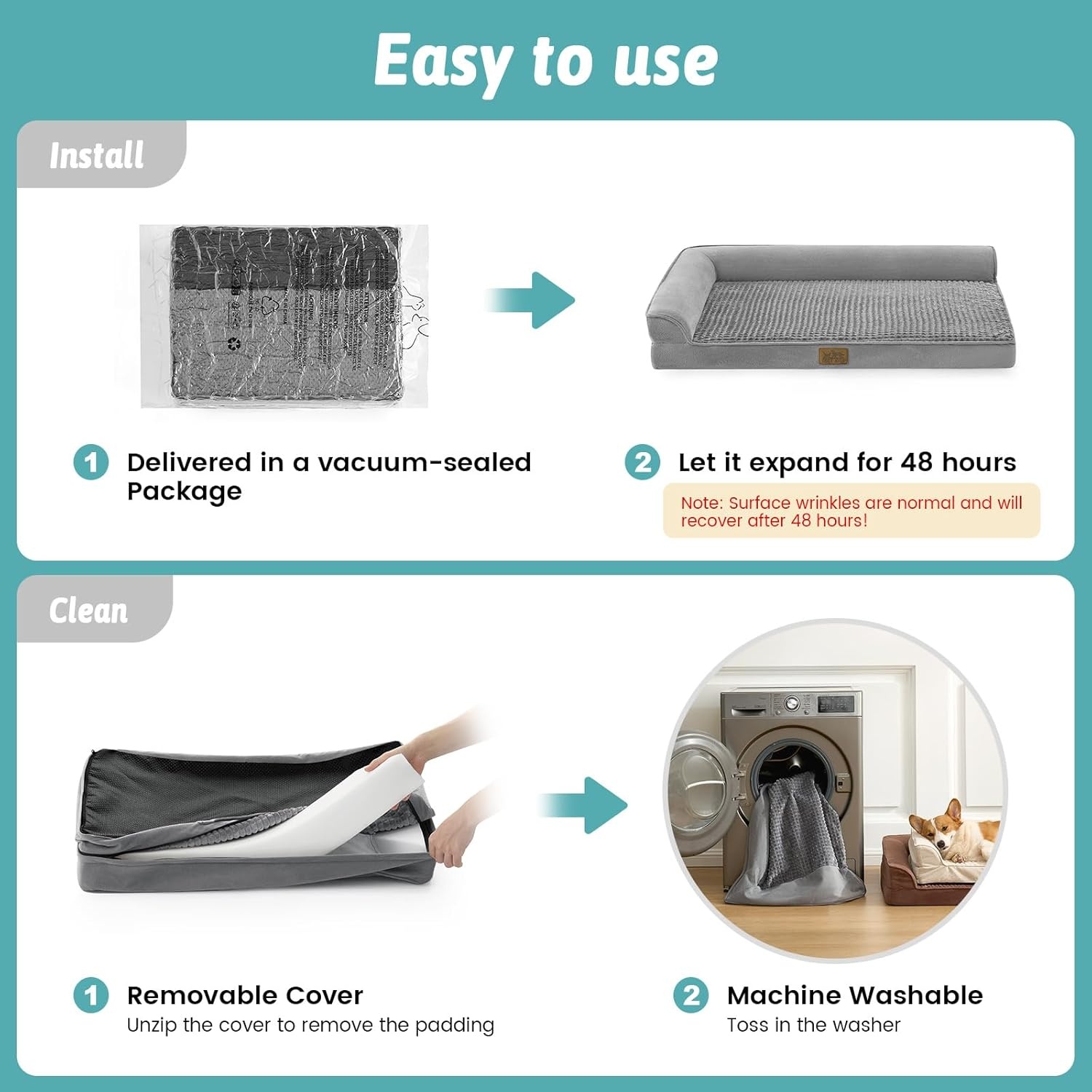 image:imageCOZY KISS Orthopedic Dog Bed for Extra Large Dog 44x32 inch XL Pet Sofa Bolster Foam Bed with Sides NonSlip and EggCrate Big Dog Couch Bed with Washable Removable Cover GreyGrey