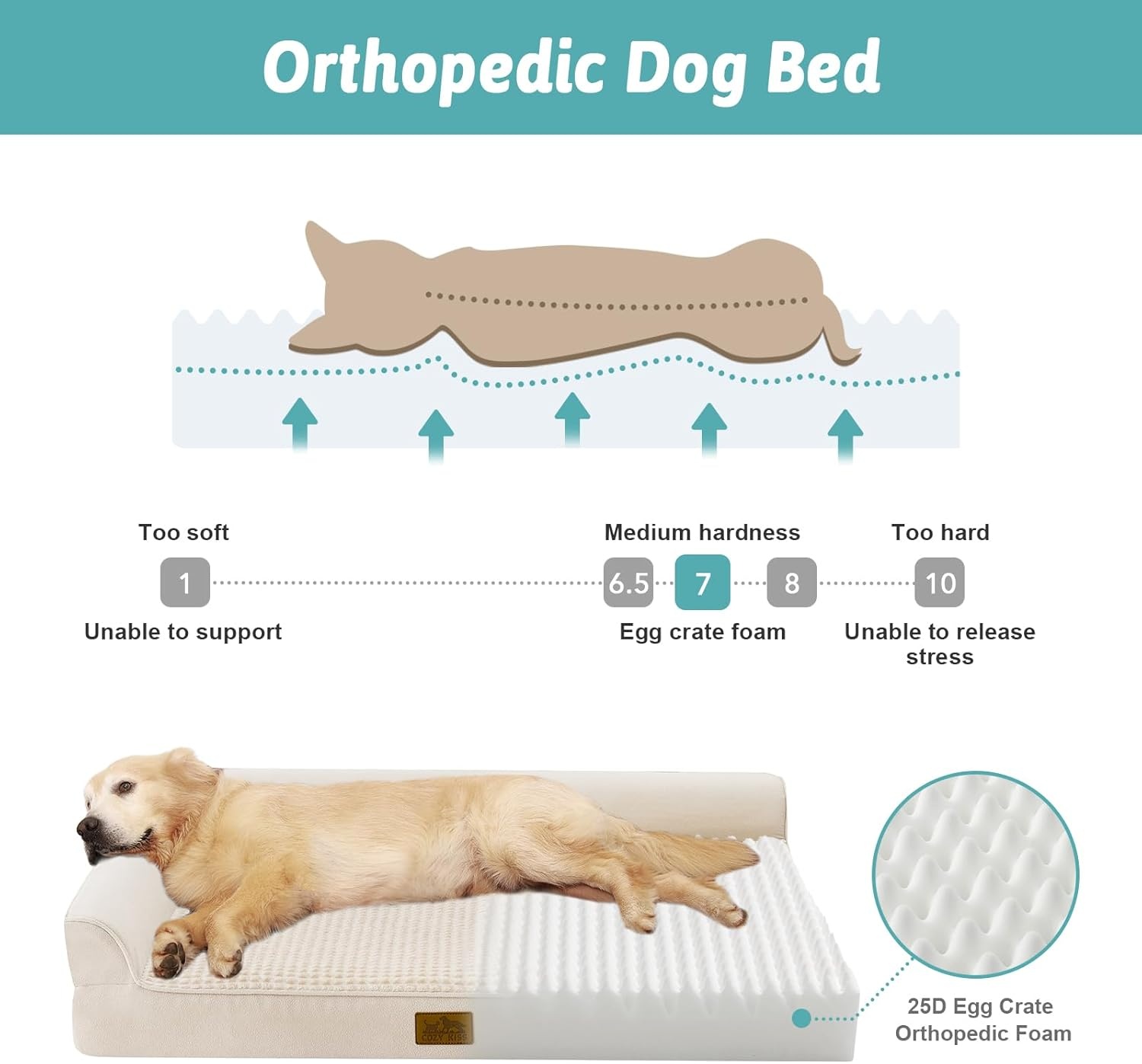 image:imageCOZY KISS Orthopedic Dog Bed for Extra Large Dog 44x32 inch XL Pet Sofa Bolster Foam Bed with Sides NonSlip and EggCrate Big Dog Couch Bed with Washable Removable Cover GreyBeige