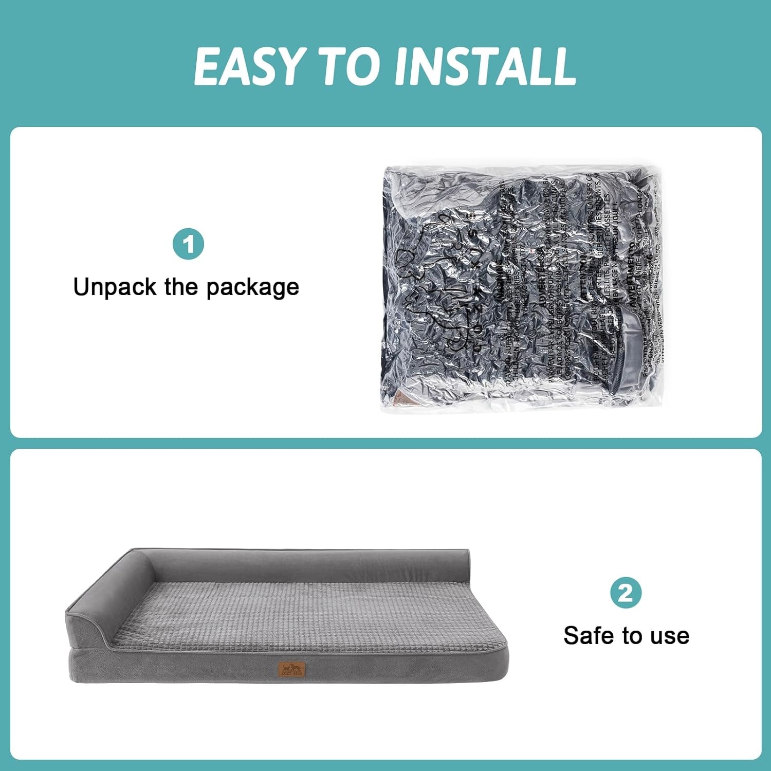 image:imageCOZY KISS Orthopedic Dog Bed for Extra Large Dog 44x32 inch XL Pet Sofa Bolster Foam Bed with Sides NonSlip and EggCrate Big Dog Couch Bed with Washable Removable Cover GreyGrey