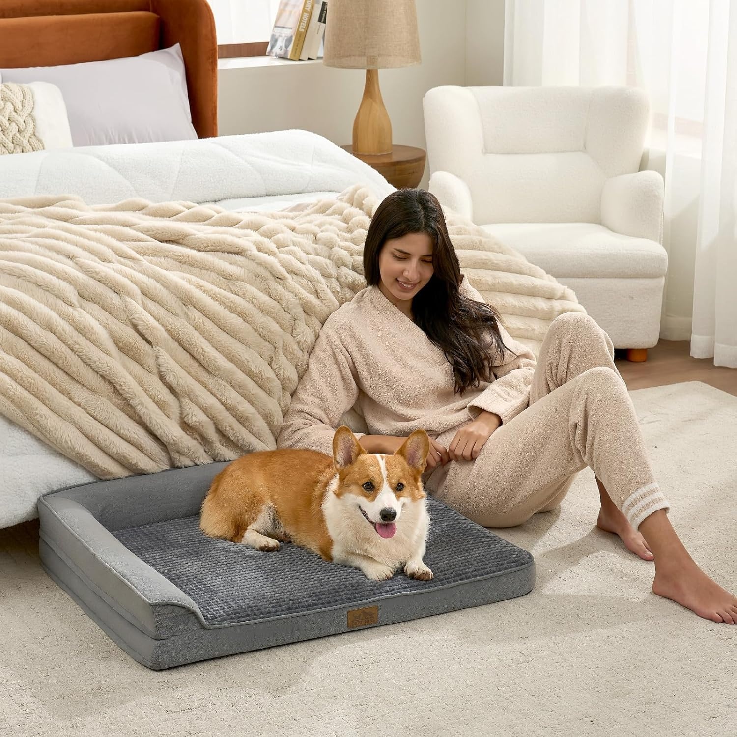 image:imageCOZY KISS Orthopedic Dog Bed for Extra Large Dog 44x32 inch XL Pet Sofa Bolster Foam Bed with Sides NonSlip and EggCrate Big Dog Couch Bed with Washable Removable Cover GreyGrey
