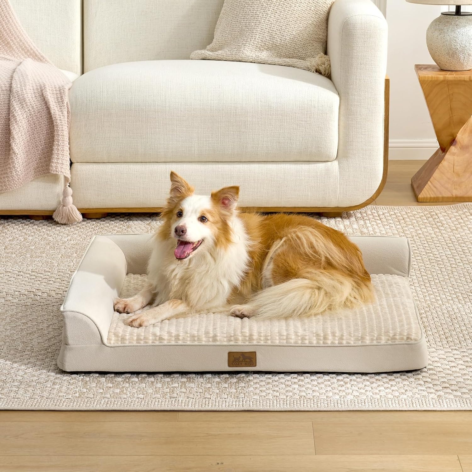 image:imageCOZY KISS Orthopedic Dog Bed for Extra Large Dog 44x32 inch XL Pet Sofa Bolster Foam Bed with Sides NonSlip and EggCrate Big Dog Couch Bed with Washable Removable Cover GreyBeige
