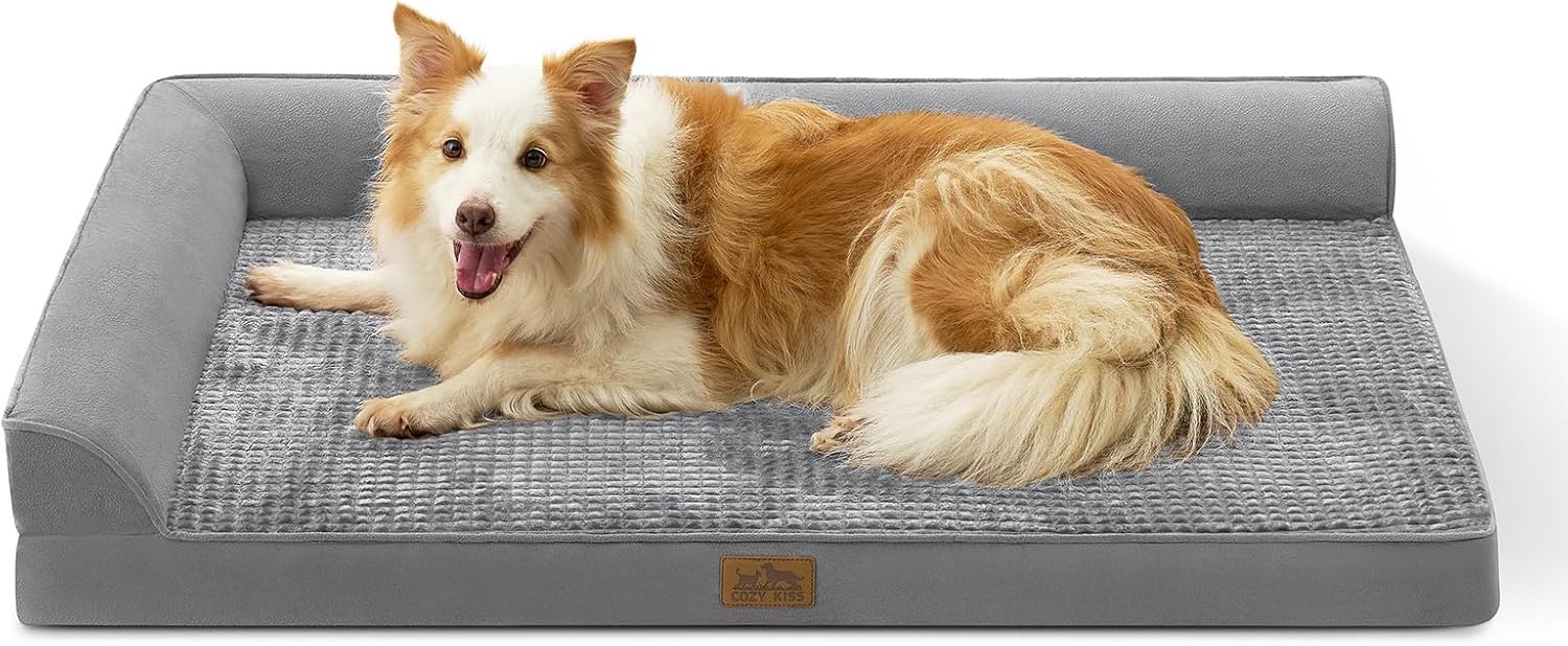 image:imageCOZY KISS Orthopedic Dog Bed for Extra Large Dog 44x32 inch XL Pet Sofa Bolster Foam Bed with Sides NonSlip and EggCrate Big Dog Couch Bed with Washable Removable Cover GreyGrey