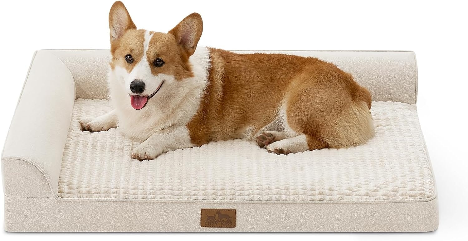 image:imageCOZY KISS Orthopedic Dog Bed for Extra Large Dog 44x32 inch XL Pet Sofa Bolster Foam Bed with Sides NonSlip and EggCrate Big Dog Couch Bed with Washable Removable Cover GreyBeige