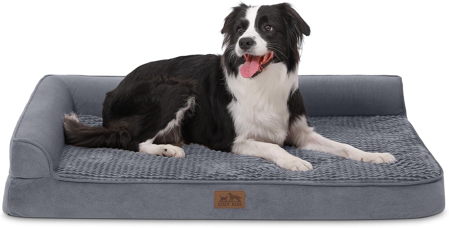 image:imageCOZY KISS Orthopedic Dog Bed for Extra Large Dog 44x32 inch XL Pet Sofa Bolster Foam Bed with Sides NonSlip and EggCrate Big Dog Couch Bed with Washable Removable Cover GreyGrey
