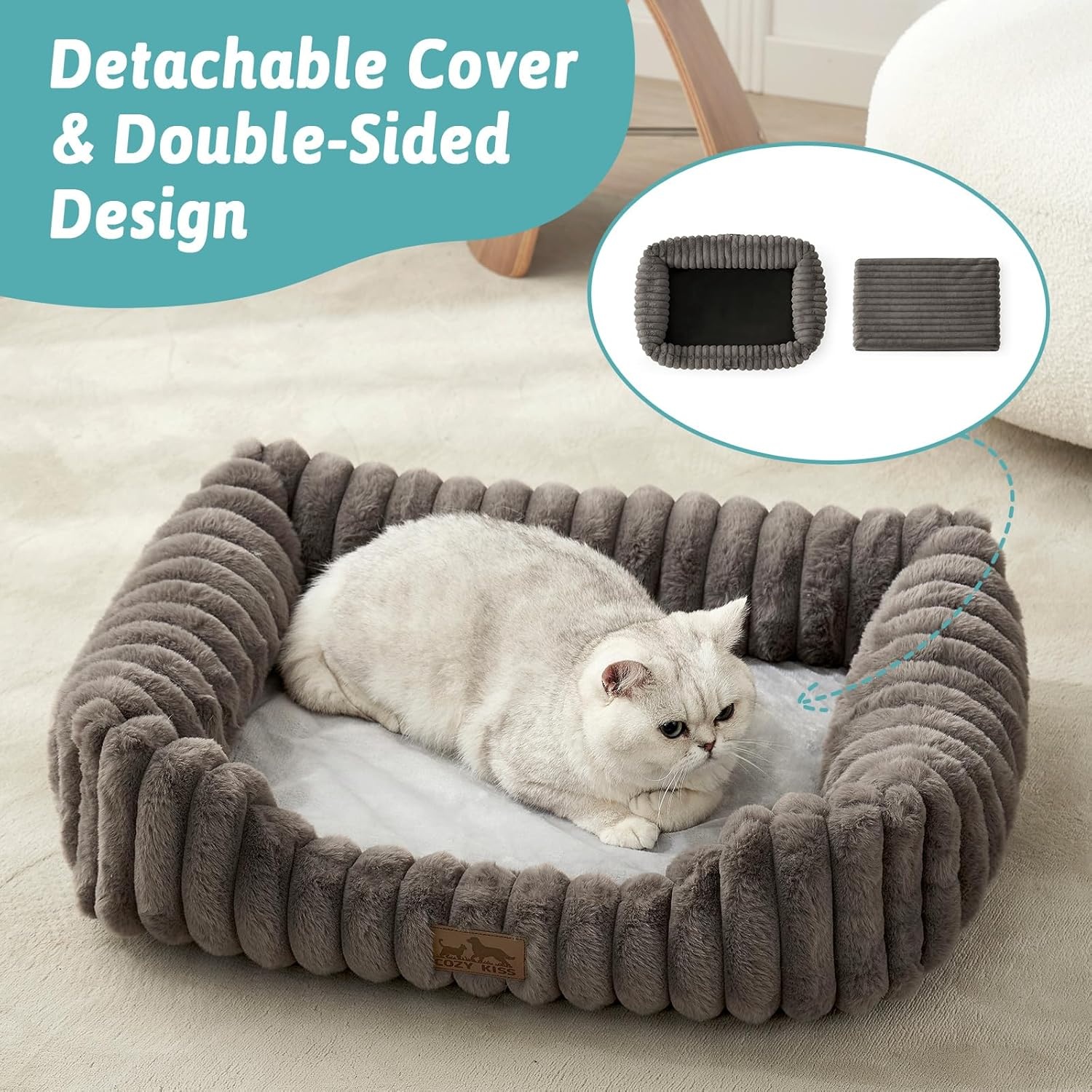 image:imageCOZY KISS Orthopedic Dog Bed for Small Dogs amp Cats Washable Rectangle Pet Bed with AntiSlip Bottom Soft Calming Cat amp Puppy Bed for Indoor Pets 25x21x6 GreyGrey