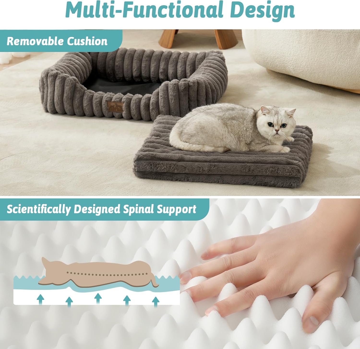image:imageCOZY KISS Orthopedic Dog Bed for Small Dogs amp Cats Washable Rectangle Pet Bed with AntiSlip Bottom Soft Calming Cat amp Puppy Bed for Indoor Pets 25x21x6 GreyGrey