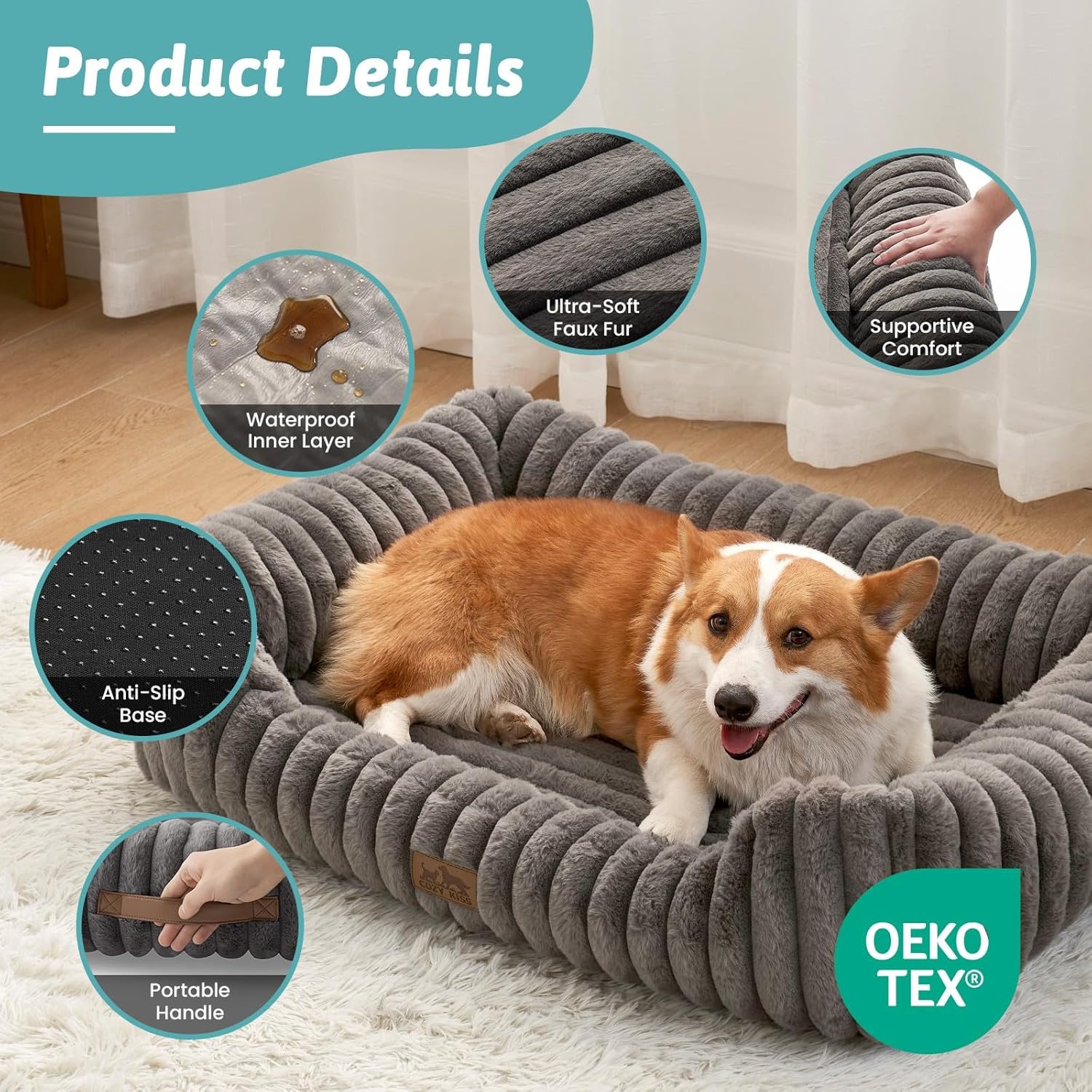 image:imageCOZY KISS Orthopedic Dog Bed for Small Dogs amp Cats Washable Rectangle Pet Bed with AntiSlip Bottom Soft Calming Cat amp Puppy Bed for Indoor Pets 25x21x6 GreyGrey