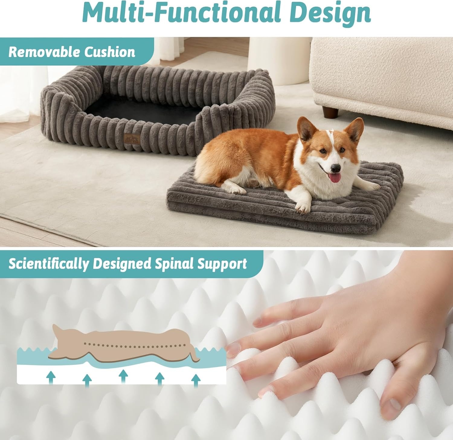 image:imageCOZY KISS Orthopedic Dog Bed for Small Dogs amp Cats Washable Rectangle Pet Bed with AntiSlip Bottom Soft Calming Cat amp Puppy Bed for Indoor Pets 25x21x6 GreyGrey