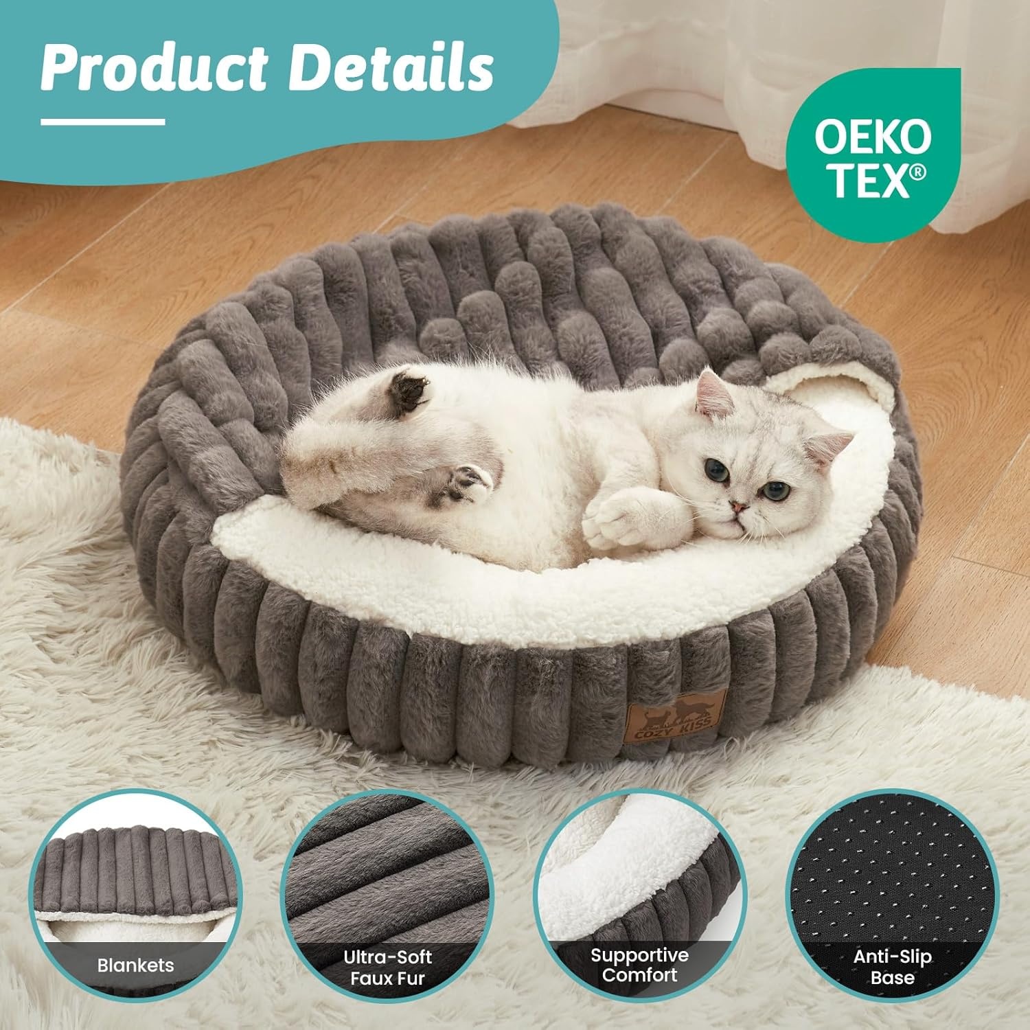 image:imageCat Bed with Hooded Blanket Round Fluffy AntiAnxiety Pet Bed for CatsToy Breed Dogs Cozy Donut Cuddler with Machine Washable Faux Fur amp AntiSlip Bottom20206GreyGrey