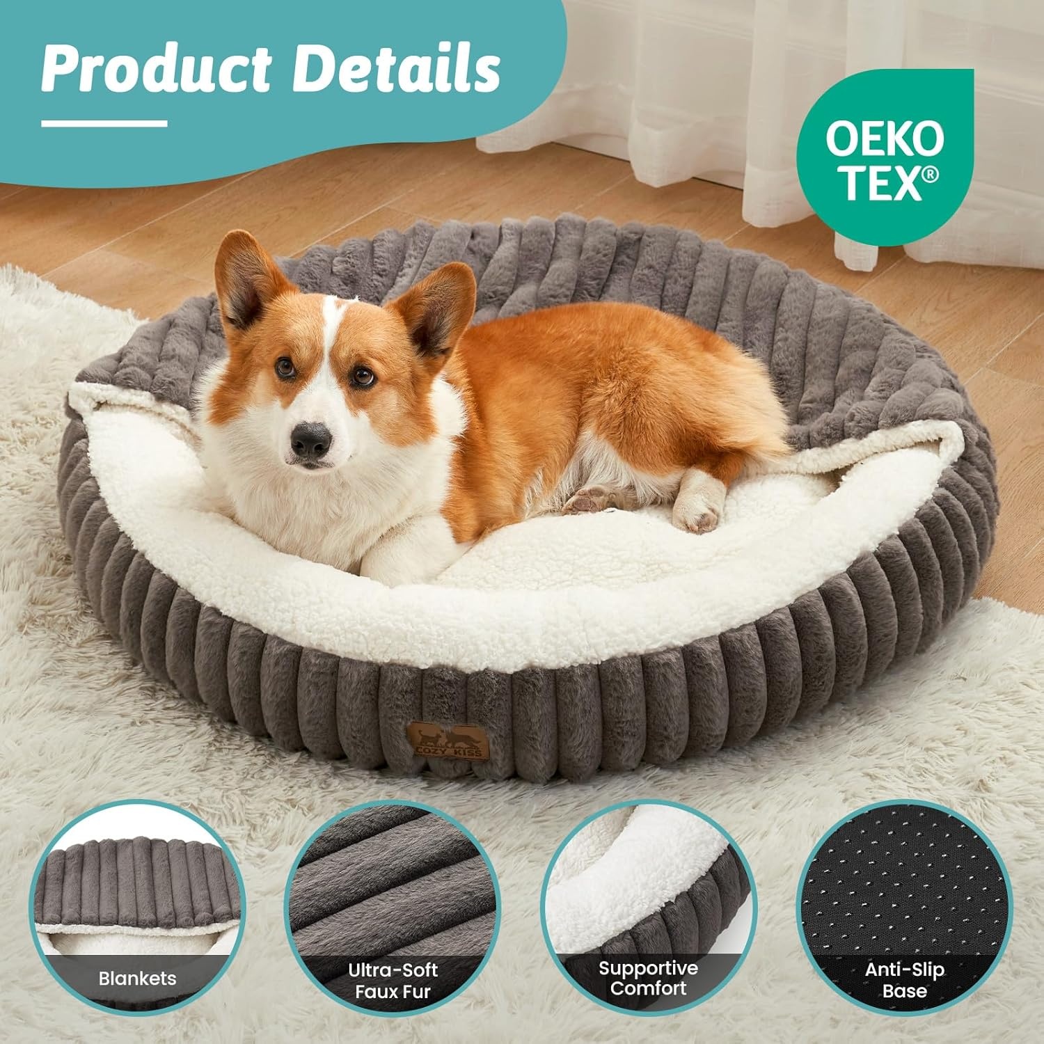 image:imageCat Bed with Hooded Blanket Round Fluffy AntiAnxiety Pet Bed for CatsToy Breed Dogs Cozy Donut Cuddler with Machine Washable Faux Fur amp AntiSlip Bottom20206GreyGrey