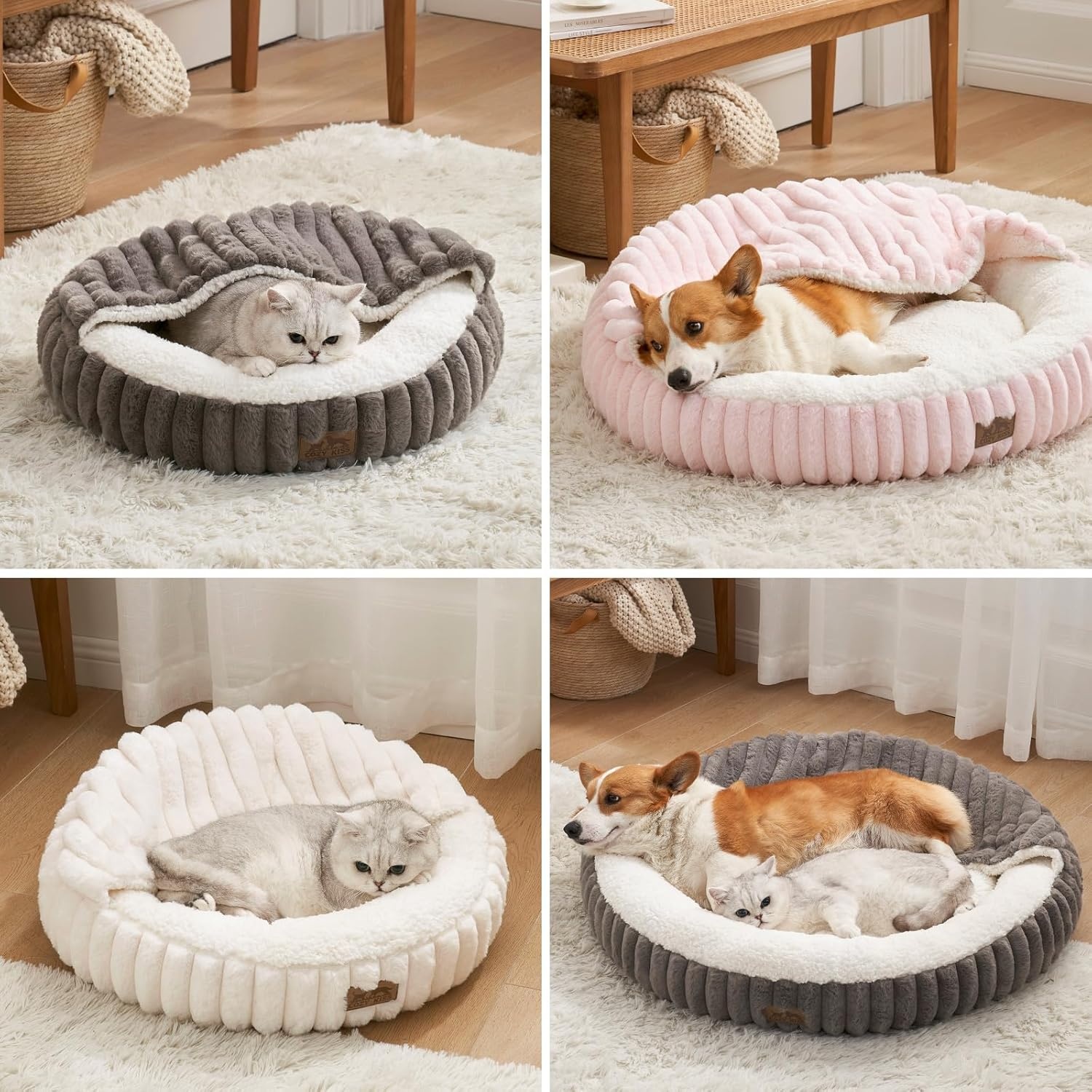 image:imageCat Bed with Hooded Blanket Round Fluffy AntiAnxiety Pet Bed for CatsToy Breed Dogs Cozy Donut Cuddler with Machine Washable Faux Fur amp AntiSlip Bottom20206GreyPink