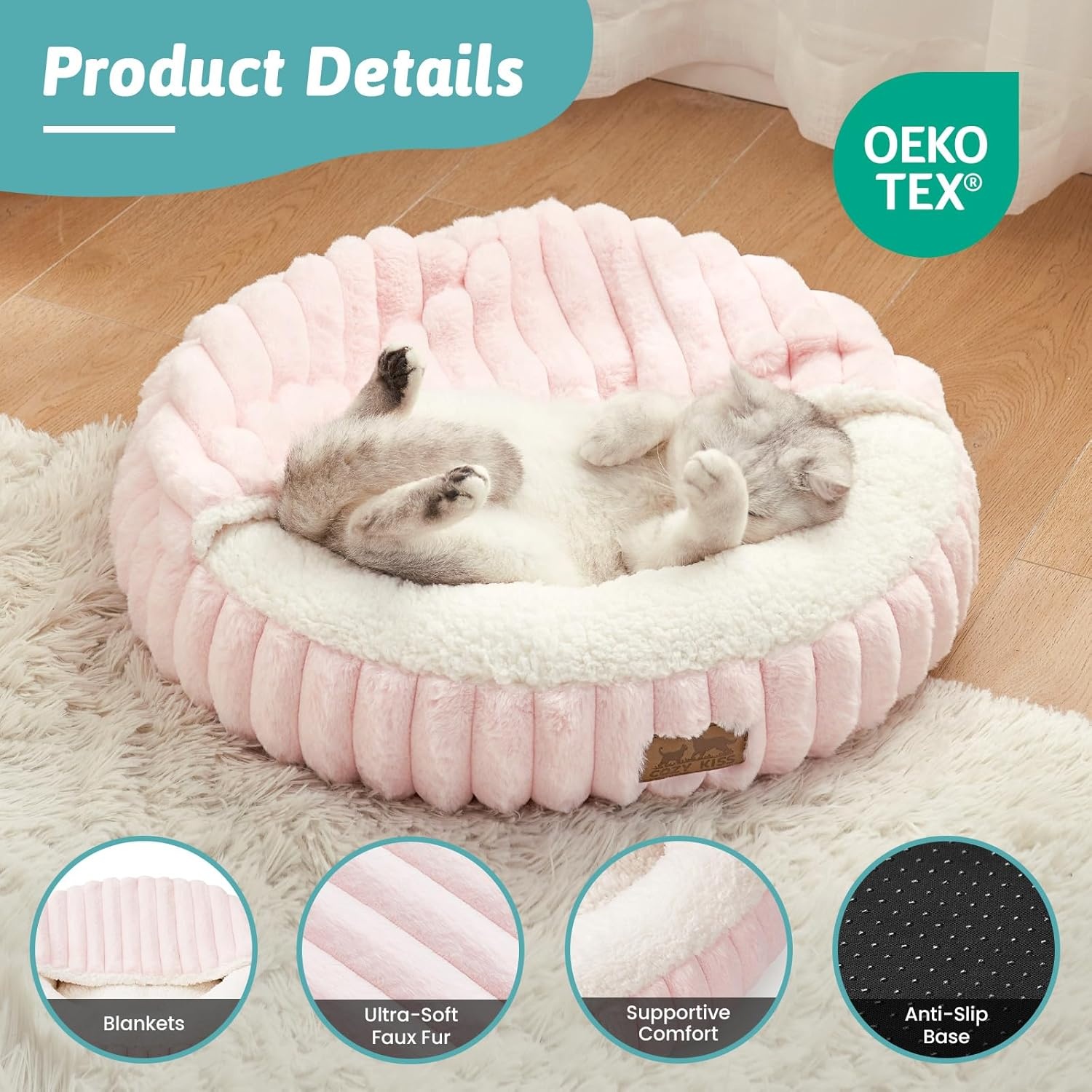 image:imageCat Bed with Hooded Blanket Round Fluffy AntiAnxiety Pet Bed for CatsToy Breed Dogs Cozy Donut Cuddler with Machine Washable Faux Fur amp AntiSlip Bottom20206GreyPink