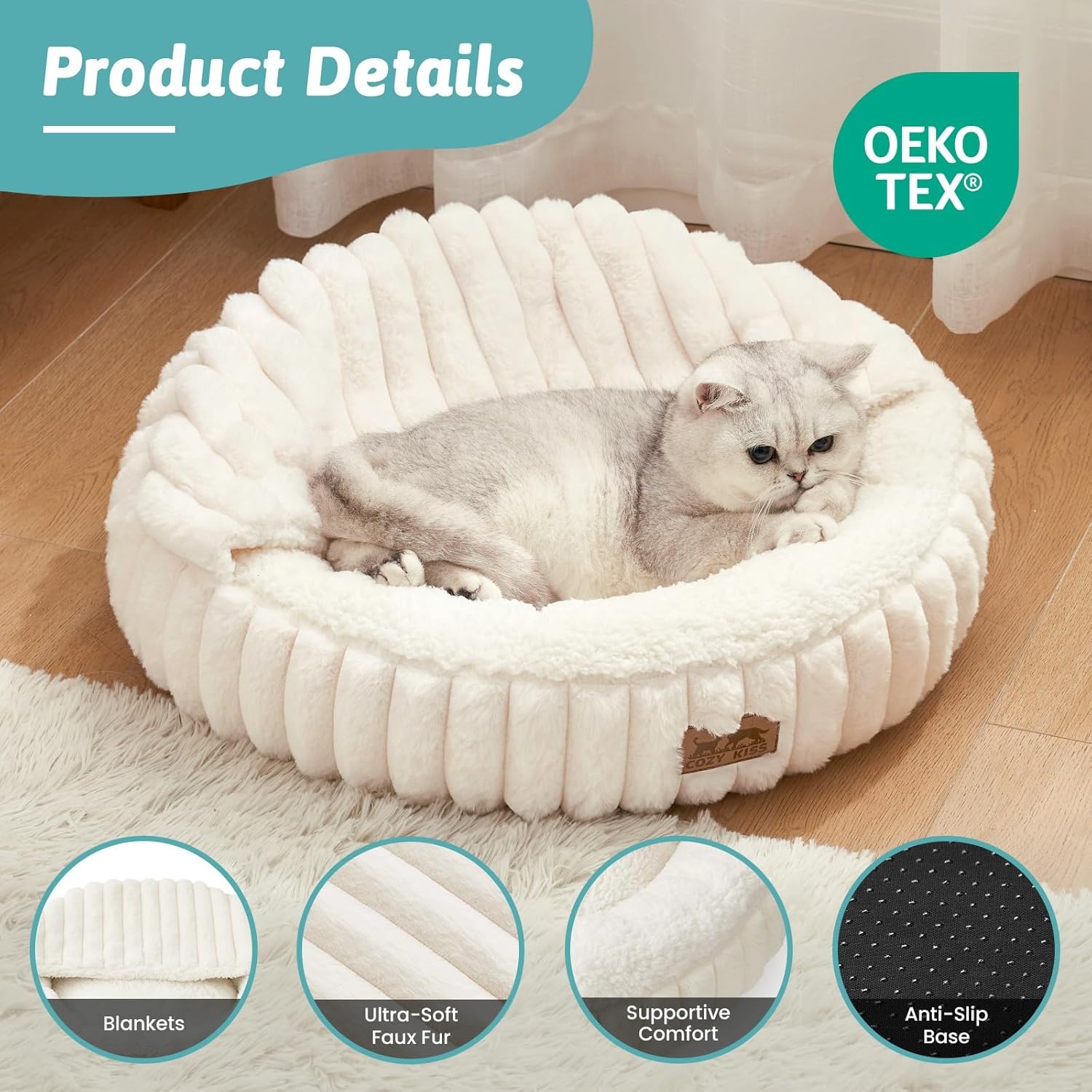 image:imageCat Bed with Hooded Blanket Round Fluffy AntiAnxiety Pet Bed for CatsToy Breed Dogs Cozy Donut Cuddler with Machine Washable Faux Fur amp AntiSlip Bottom20206GreyCream
