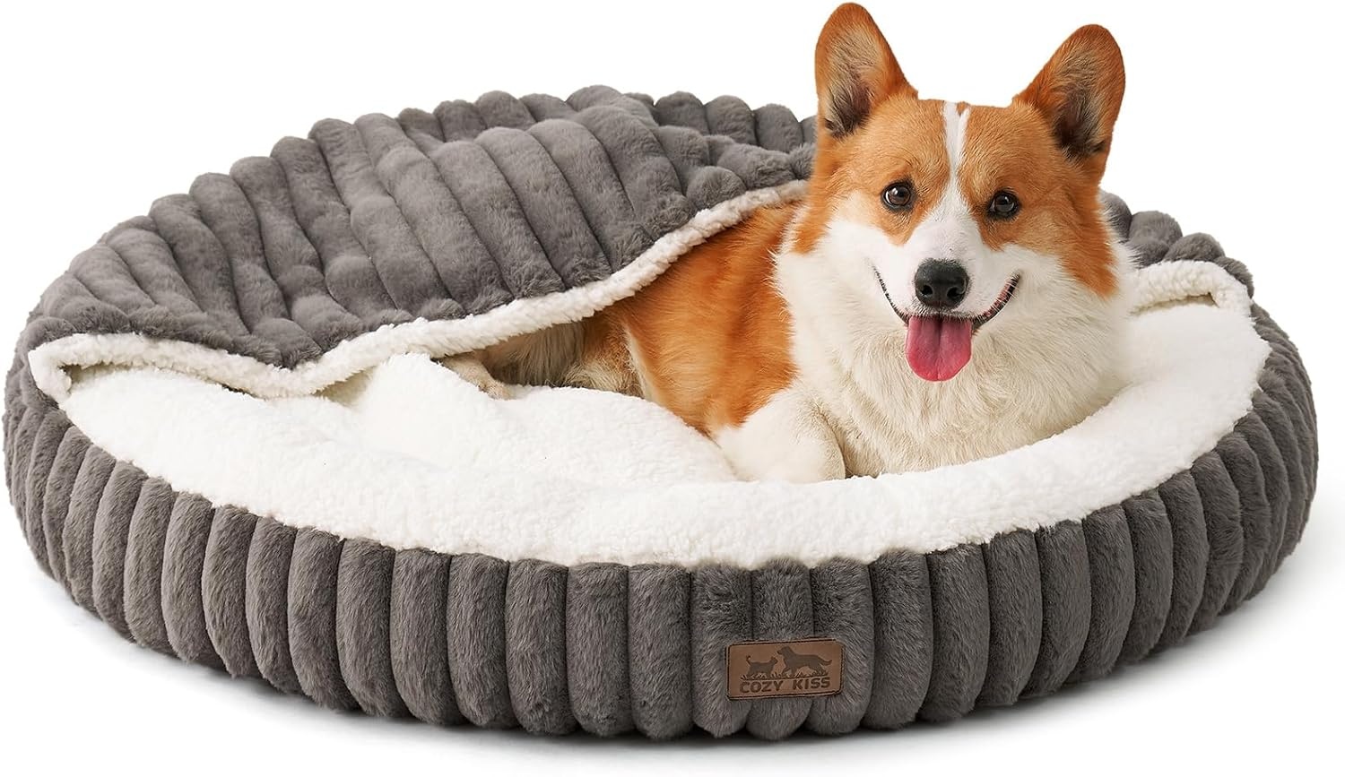 image:imageCat Bed with Hooded Blanket Round Fluffy AntiAnxiety Pet Bed for CatsToy Breed Dogs Cozy Donut Cuddler with Machine Washable Faux Fur amp AntiSlip Bottom20206GreyGrey