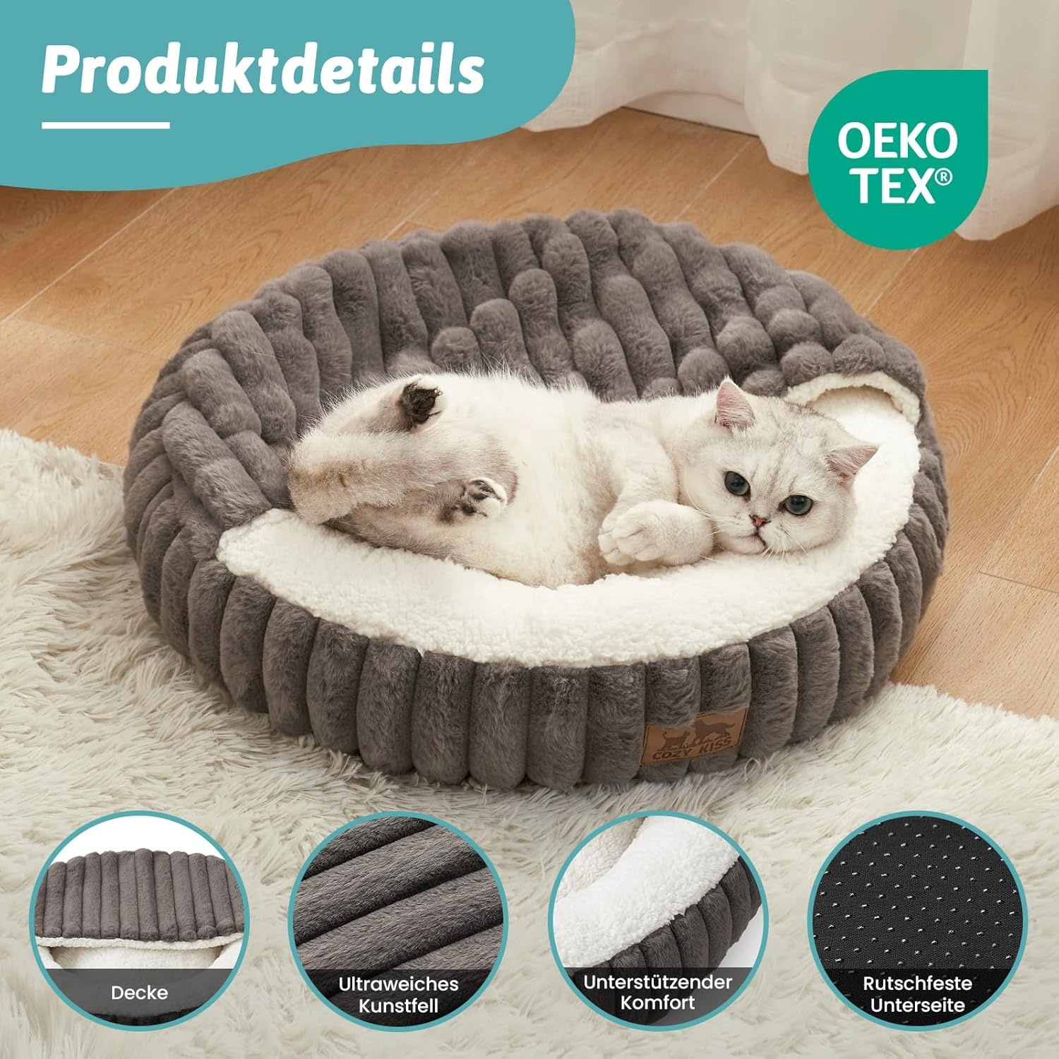 image:imageCat Bed with Hooded Blanket Round Fluffy AntiAnxiety Pet Bed for CatsToy Breed Dogs Cozy Donut Cuddler with Machine Washable Faux Fur amp AntiSlip Bottom20206GreyGrey