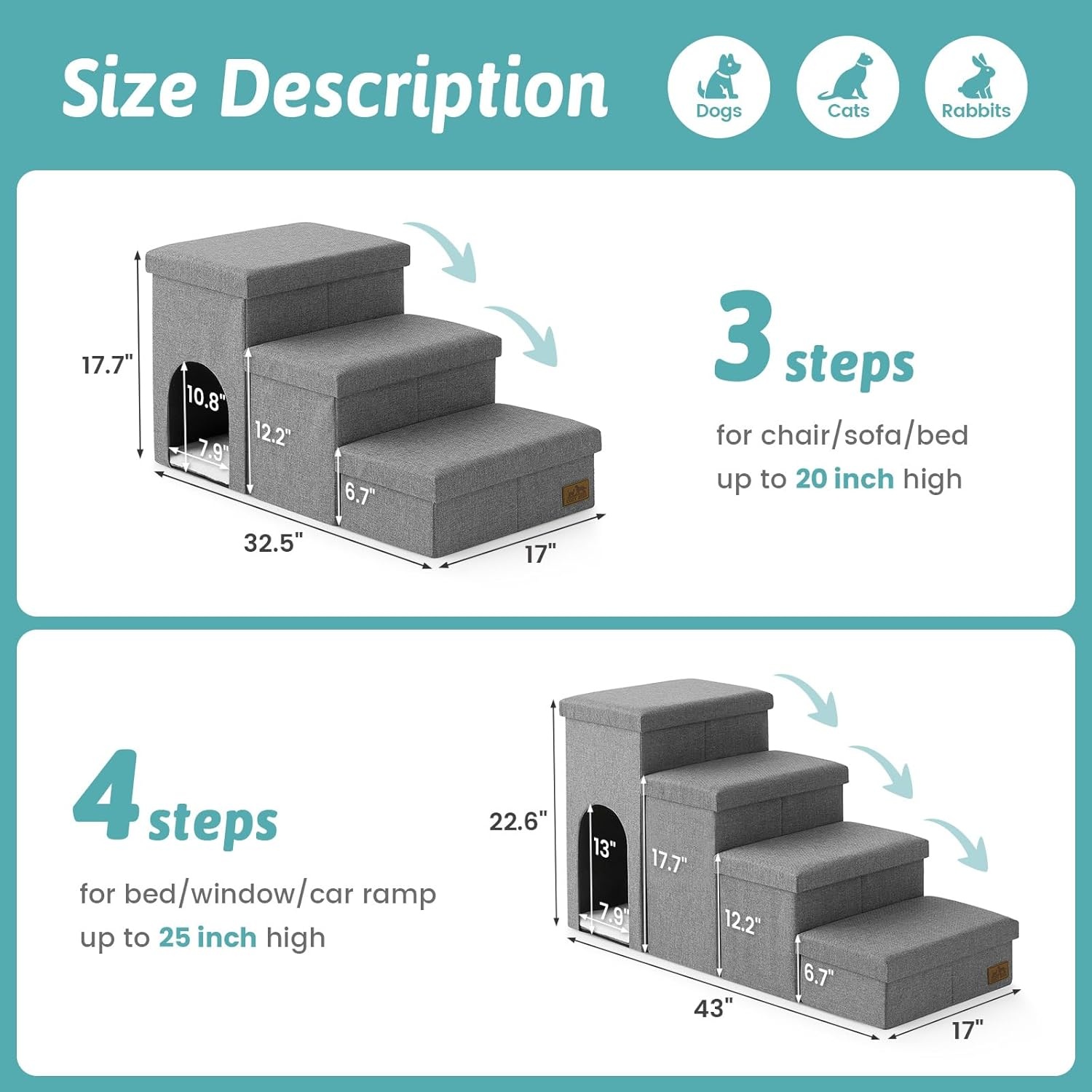 image:imageDog Stairs with Storage 3Step Wider Sturdy Dog Steps for SmallMediumLarge Dogs and Older Cats Folding Doggie Ramp for BedCouchCar Hold Up to 180 lbs 167 H GreyGrey