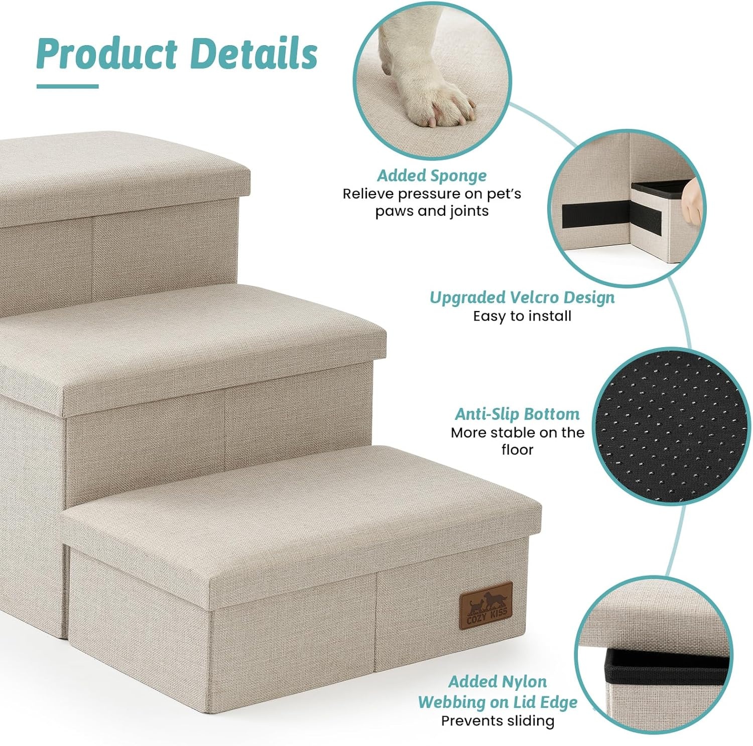 image:imageDog Stairs with Storage 3Step Wider Sturdy Dog Steps for SmallMediumLarge Dogs and Older Cats Folding Doggie Ramp for BedCouchCar Hold Up to 180 lbs 167 H GreyBeige