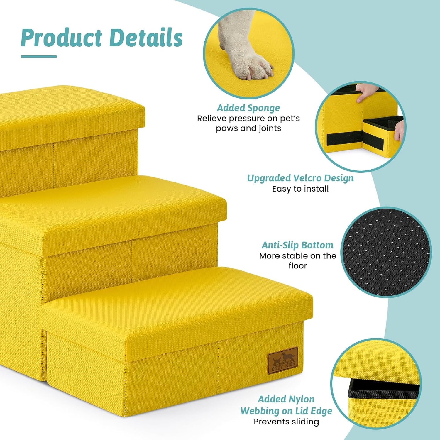 image:imageDog Stairs with Storage 3Step Wider Sturdy Dog Steps for SmallMediumLarge Dogs and Older Cats Folding Doggie Ramp for BedCouchCar Hold Up to 180 lbs 167 H GreyYellow