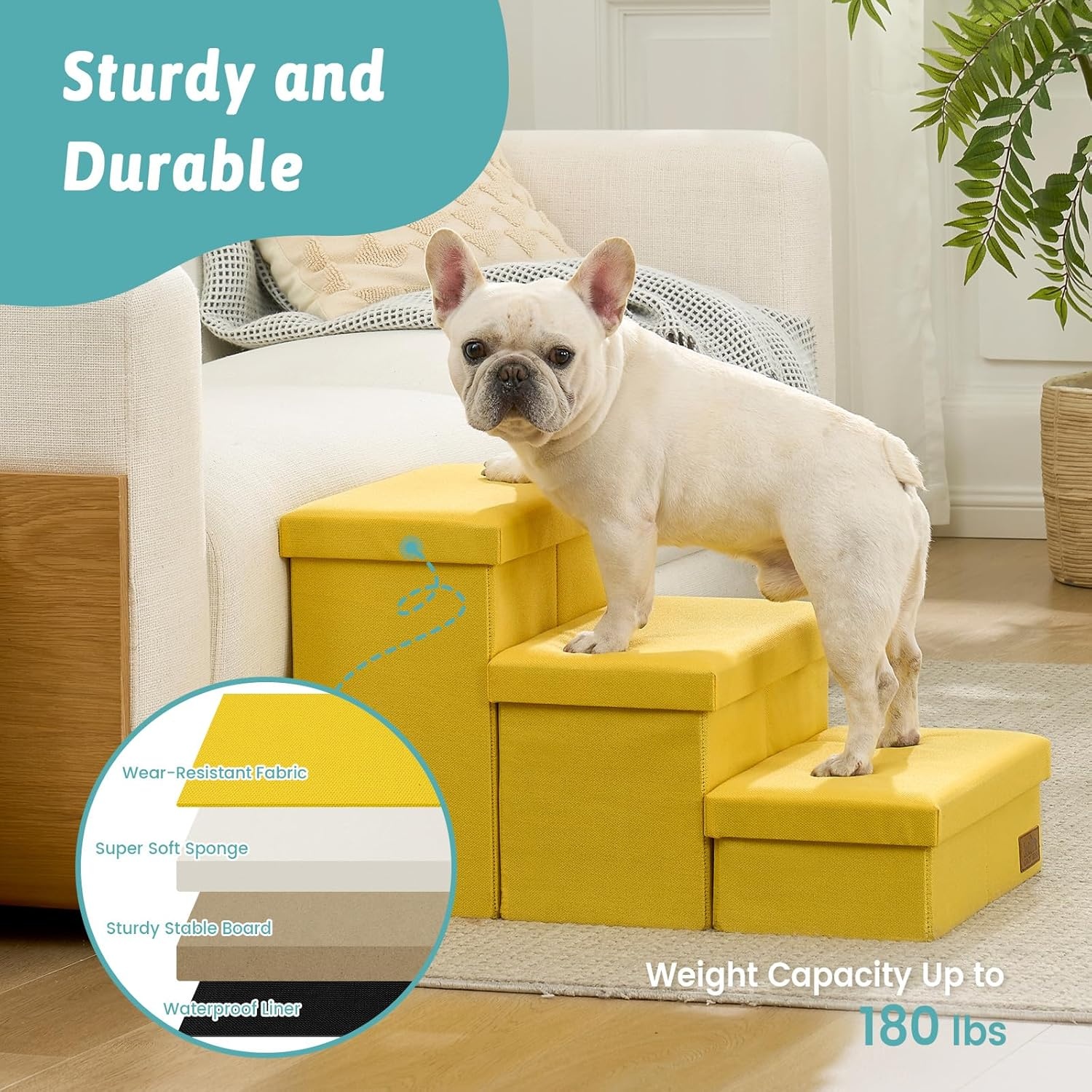 image:imageDog Stairs with Storage 3Step Wider Sturdy Dog Steps for SmallMediumLarge Dogs and Older Cats Folding Doggie Ramp for BedCouchCar Hold Up to 180 lbs 167 H GreyYellow