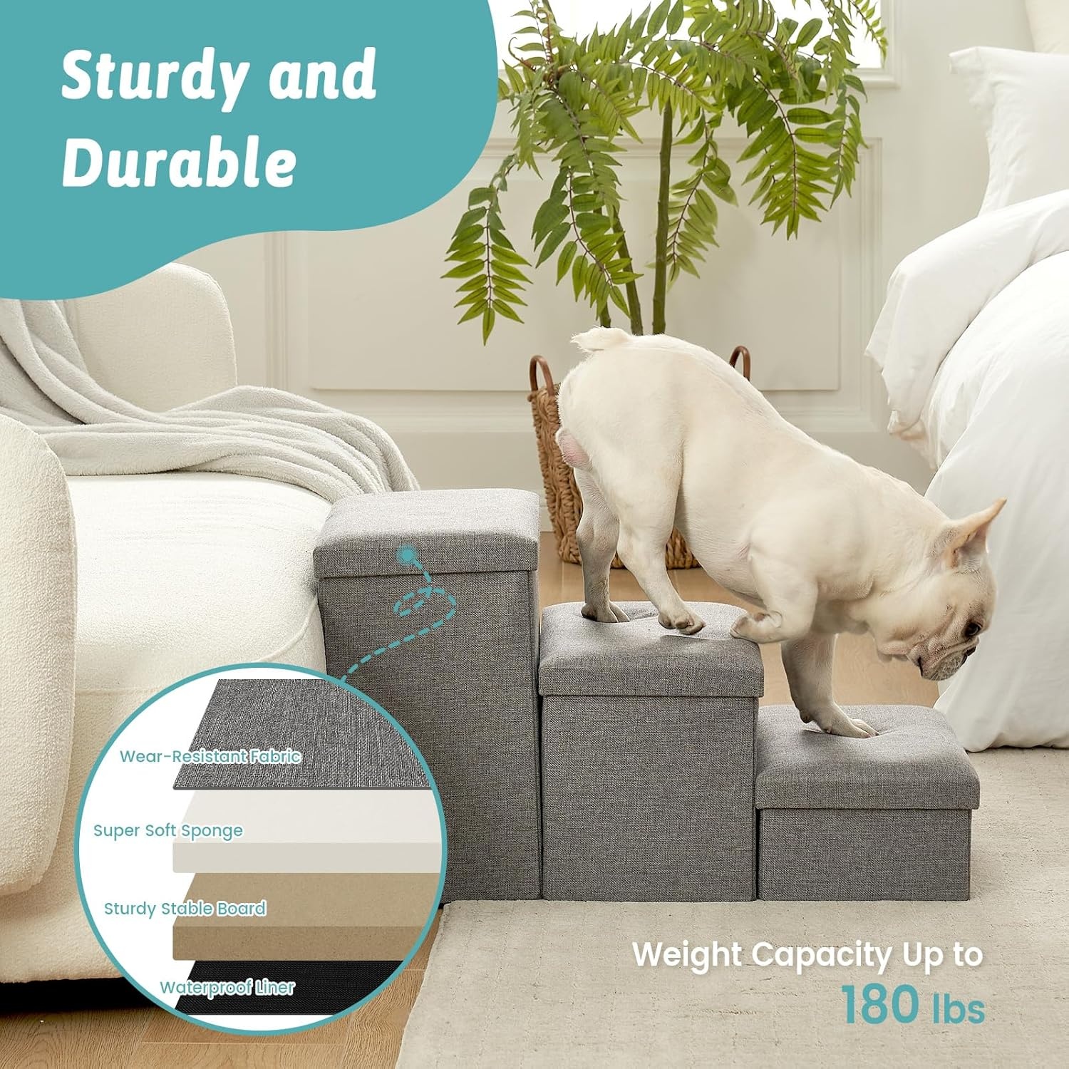 image:imageDog Stairs with Storage 3Step Wider Sturdy Dog Steps for SmallMediumLarge Dogs and Older Cats Folding Doggie Ramp for BedCouchCar Hold Up to 180 lbs 167 H GreyGrey