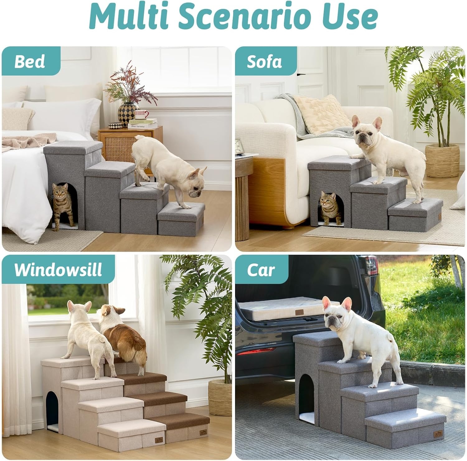 image:imageDog Stairs with Storage 3Step Wider Sturdy Dog Steps for SmallMediumLarge Dogs and Older Cats Folding Doggie Ramp for BedCouchCar Hold Up to 180 lbs 167 H GreyGrey