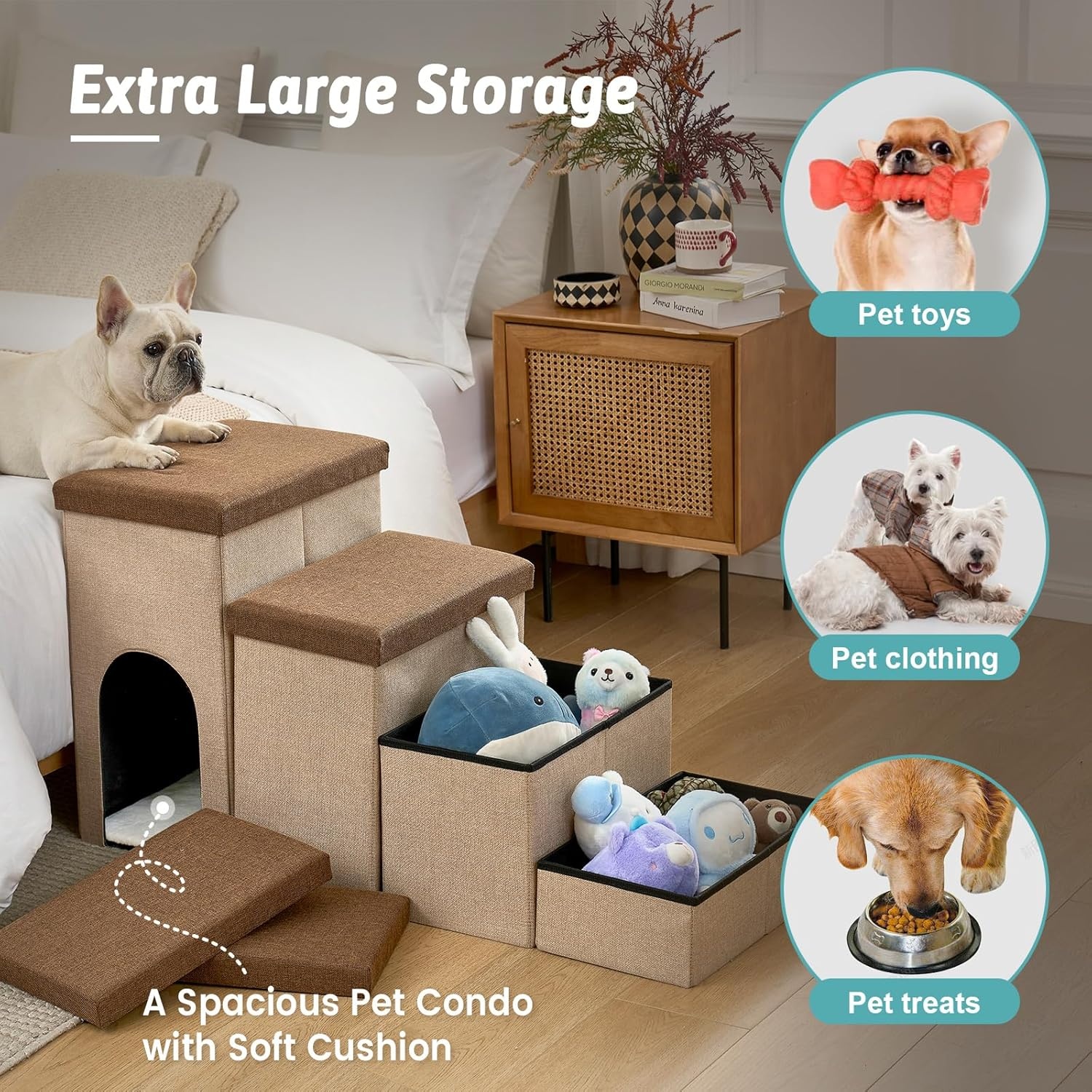image:imageDog Stairs with Storage 3Step Wider Sturdy Dog Steps for SmallMediumLarge Dogs and Older Cats Folding Doggie Ramp for BedCouchCar Hold Up to 180 lbs 167 H GreyBrown